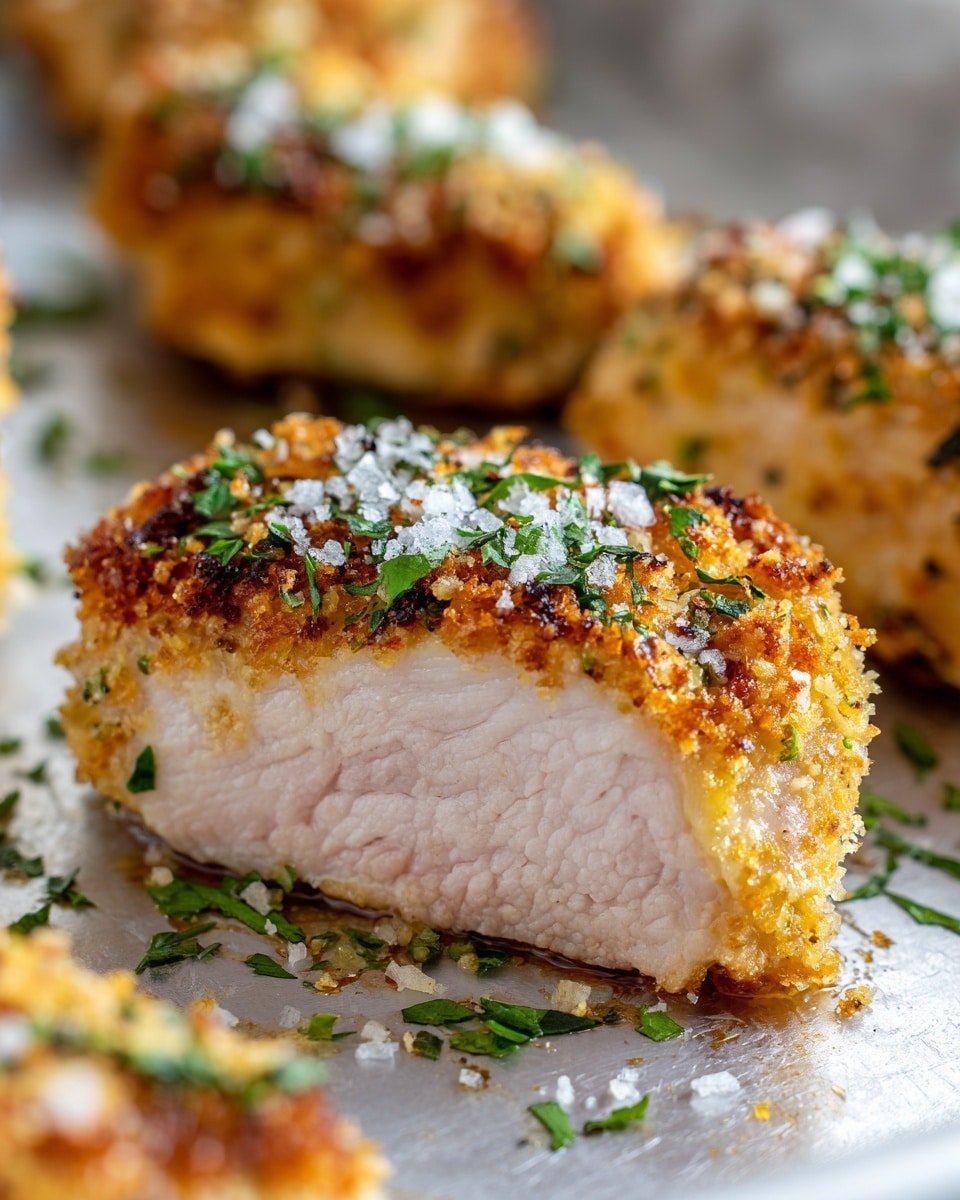 The image shows a close-up of a piece of baked chicken breast with three layers. The bottom layer is the soft, light pink cooked chicken meat, slightly juicy. The middle layer is a thick, crunchy crust with a mix of coarse herbs and golden brown breadcrumbs. The top layer is sprinkled with fresh green herbs and coarse white salt flakes, giving a textured and crispy finish. In the background, more pieces of the same chicken with similar layers are visible, lying on a metal baking sheet placed on a white marbled surface. Photo taken with an iphone --ar 4:5 --v 7