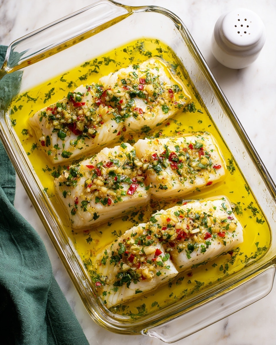 A glass baking dish contains four thick white fish fillets arranged in two rows, each piece topped with a mix of chopped garlic, red chili flakes, and finely chopped green herbs, all soaked in a bright yellow buttery sauce with visible herbs and spices scattered on top and in the sauce. The dish rests on a white marbled surface with a white salt shaker in the top right corner and a green cloth partially visible on the left side. photo taken with an iphone --ar 4:5 --v 7