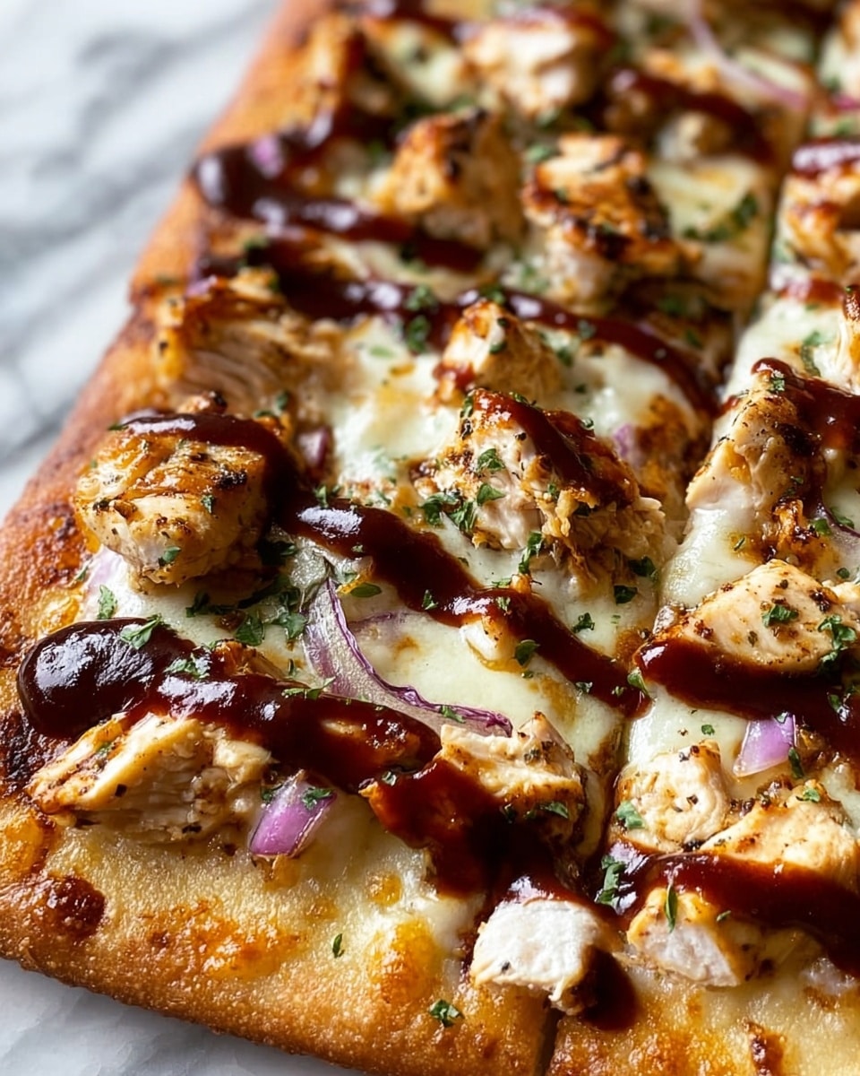 A close-up view of a square pizza showing three layers: the bottom golden-brown crust with a slightly rough texture, the middle layer of melted white cheese that stretches and bubbles, and the top layer of chunky grilled chicken pieces with a light brown color, scattered small bits of purple onion, and dark brown barbecue sauce drizzled unevenly across the surface, with some green herbs sprinkled on top; the pizza is set against a white marbled texture background. photo taken with an iphone --ar 4:5 --v 7
