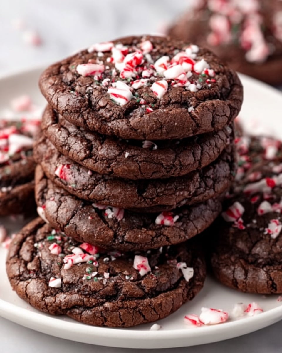 The image shows a stack of six dark chocolate cookies on a white plate. Each cookie has a cracked texture on top with small pieces of red and white peppermint candy scattered across the surface. The cookies look soft and thick with a rich, dark brown color. The white peppermint bits add a contrast to the deep chocolate and give a festive feeling. The plate sits on a white marbled surface, and the photo taken with an iphone --ar 4:5 --v 7