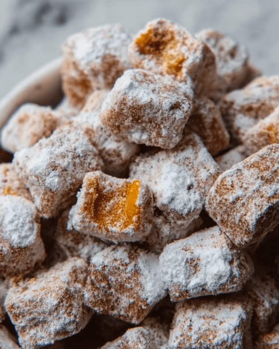 The image shows a pile of small cubed snacks coated in powdered sugar, giving them a rough, powdery texture with white dusting on their brown-orange surfaces. Each cube is uneven in shape, with some showing a bright orange inside hinting at a soft center while the outer part looks slightly crisp and crumbly. They are stacked closely together with a few pieces overlapping, all set on a white marbled surface that contrasts with the warm tones of the snack. The lighting highlights the texture of the powder and the uneven roughness of the cubes. Photo taken with an iphone --ar 4:5 --v 7