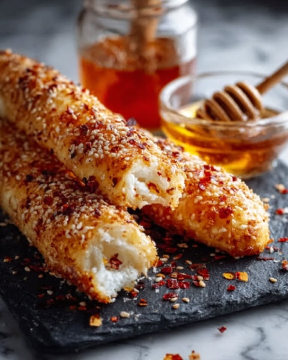 The image shows two golden brown breadsticks covered in sesame seeds and red chili flakes placed on a dark slate board. The breadsticks have a crispy, textured crust with a soft white inside that is visible where one is bitten. In the background, there is a small clear glass bowl filled with honey, with honey dripping from a wooden dipper resting inside it. The overall setting is on a white marbled surface. photo taken with an iphone --ar 4:5 --v 7