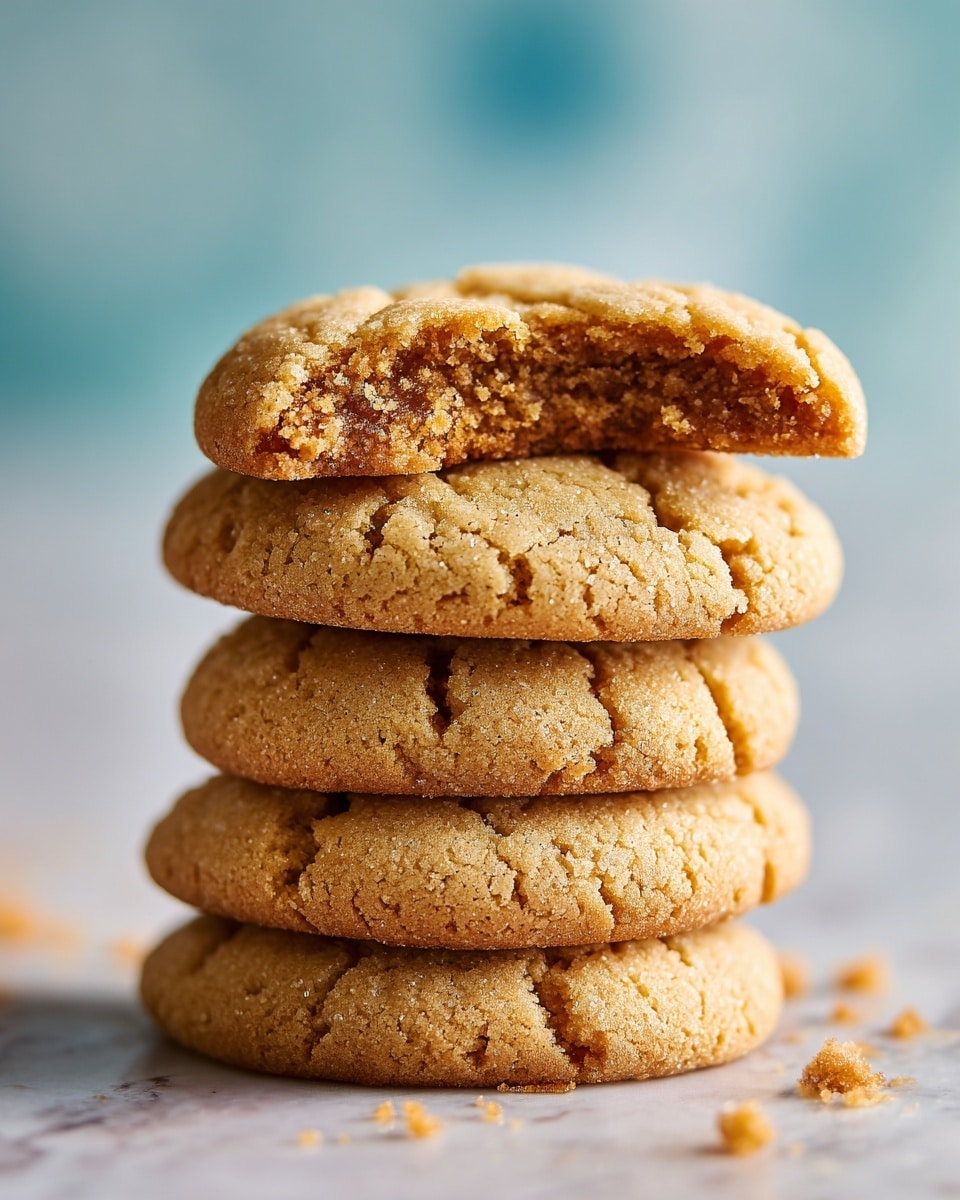 A stack of four soft, thick cookies sits on a white marbled surface. The bottom three cookies are whole, showing a golden brown, slightly cracked top with a chewy texture. The top cookie is broken in half and placed on the third cookie, revealing a dense, moist, and slightly crumbly interior with a rich caramel-brown color. The overall look is warm and inviting, with the cookies appearing freshly baked and soft. Photo taken with an iphone --ar 4:5 --v 7