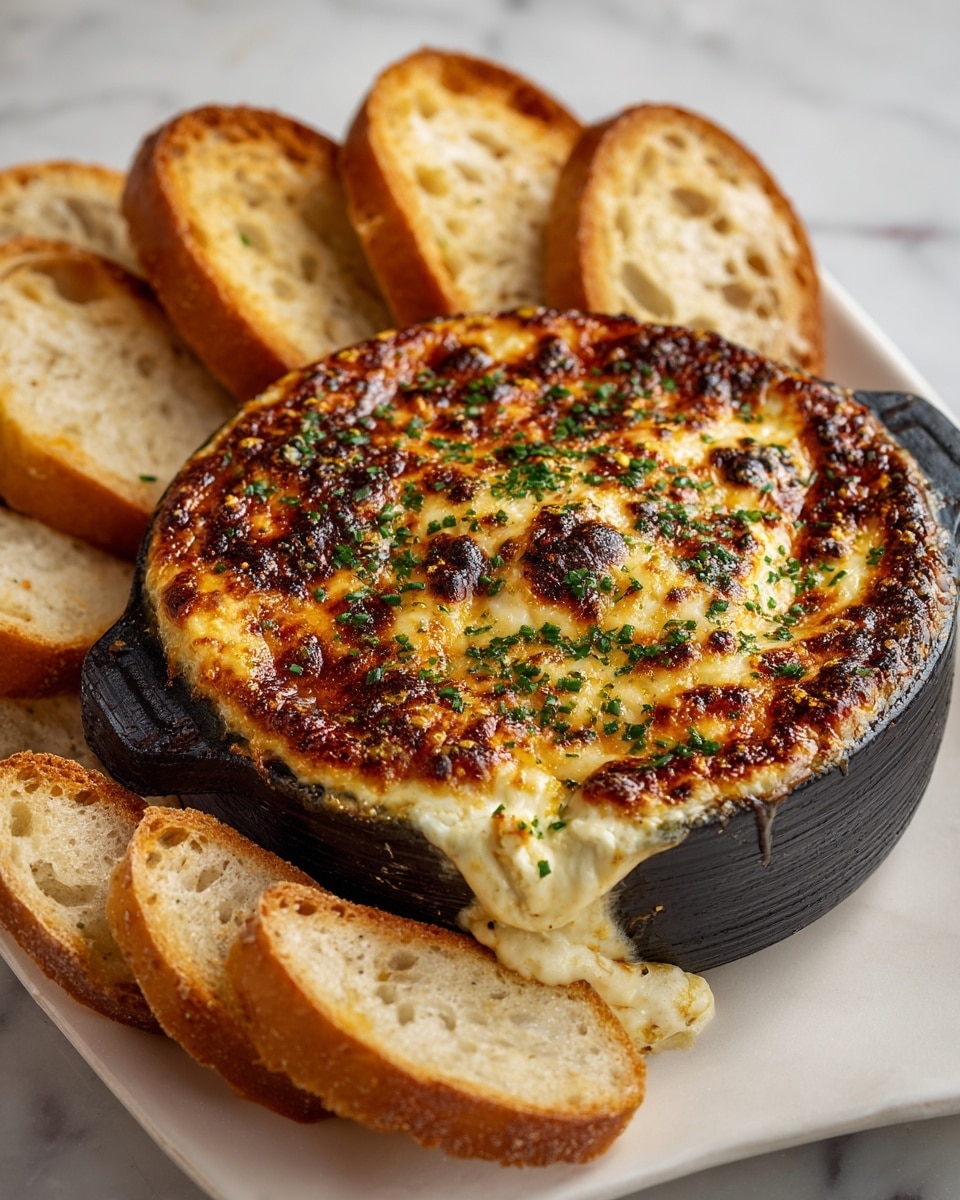 A melted cheese dip in a black bowl, with a golden brown crispy top scattered with green herbs, showing a smooth, creamy yellow layer beneath that is oozing down the side. The bowl is surrounded by toasted baguette slices, which are golden and crunchy with soft, slightly porous centers. The whole scene is set on a white marbled surface. photo taken with an iphone --ar 4:5 --v 7