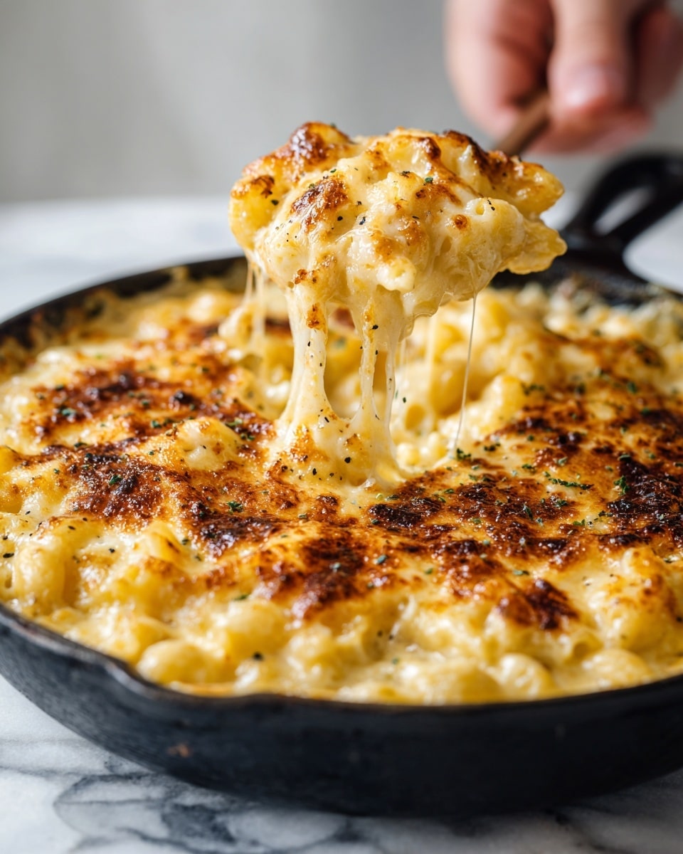 The image shows a close-up of a cheesy baked macaroni dish in a black skillet. The macaroni pasta is coated thickly with melted cheese that stretches smoothly as it is lifted, showing gooey, creamy layers. The surface is golden brown with charred spots and small green herbs scattered on top. The pasta pieces are large and curved, with a creamy sauce binding them together, giving a rich texture. The background is softly blurred, making the food look warm and inviting. photo taken with an iphone --ar 4:5 --v 7