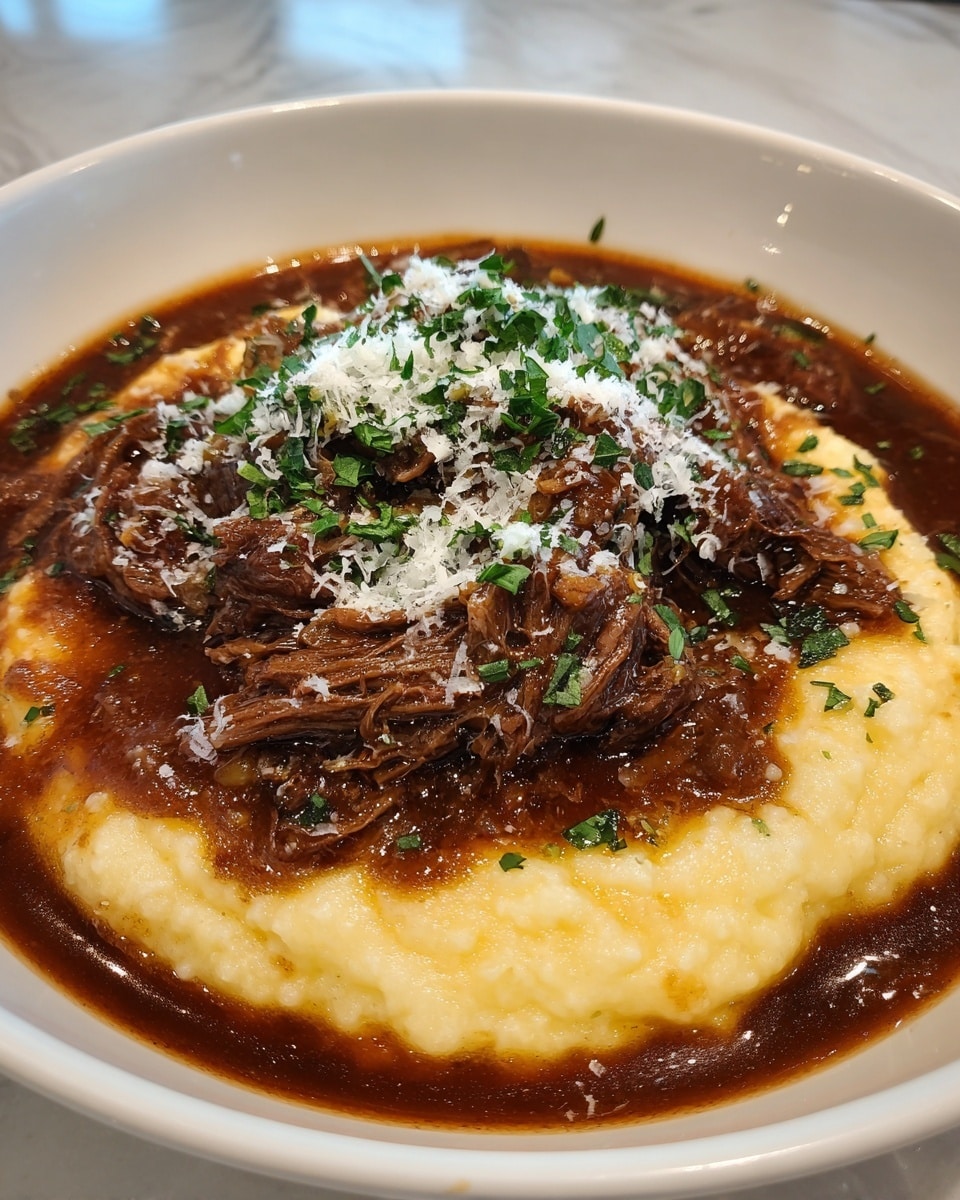 A white bowl holds a dish with three main layers; the bottom layer is creamy mashed potatoes with a smooth yellowish texture, topped by a generous mound of shredded, dark brown beef in thick gravy. The beef looks tender and juicy, nestled in a rich, glossy brown sauce that pools around the edges of the potatoes. The top layer is sprinkled with finely grated white cheese and small green herb pieces, adding color and texture contrast. The bowl sits on a white marbled surface with a blurred background of more food and drinks. Photo taken with an iphone --ar 4:5 --v 7