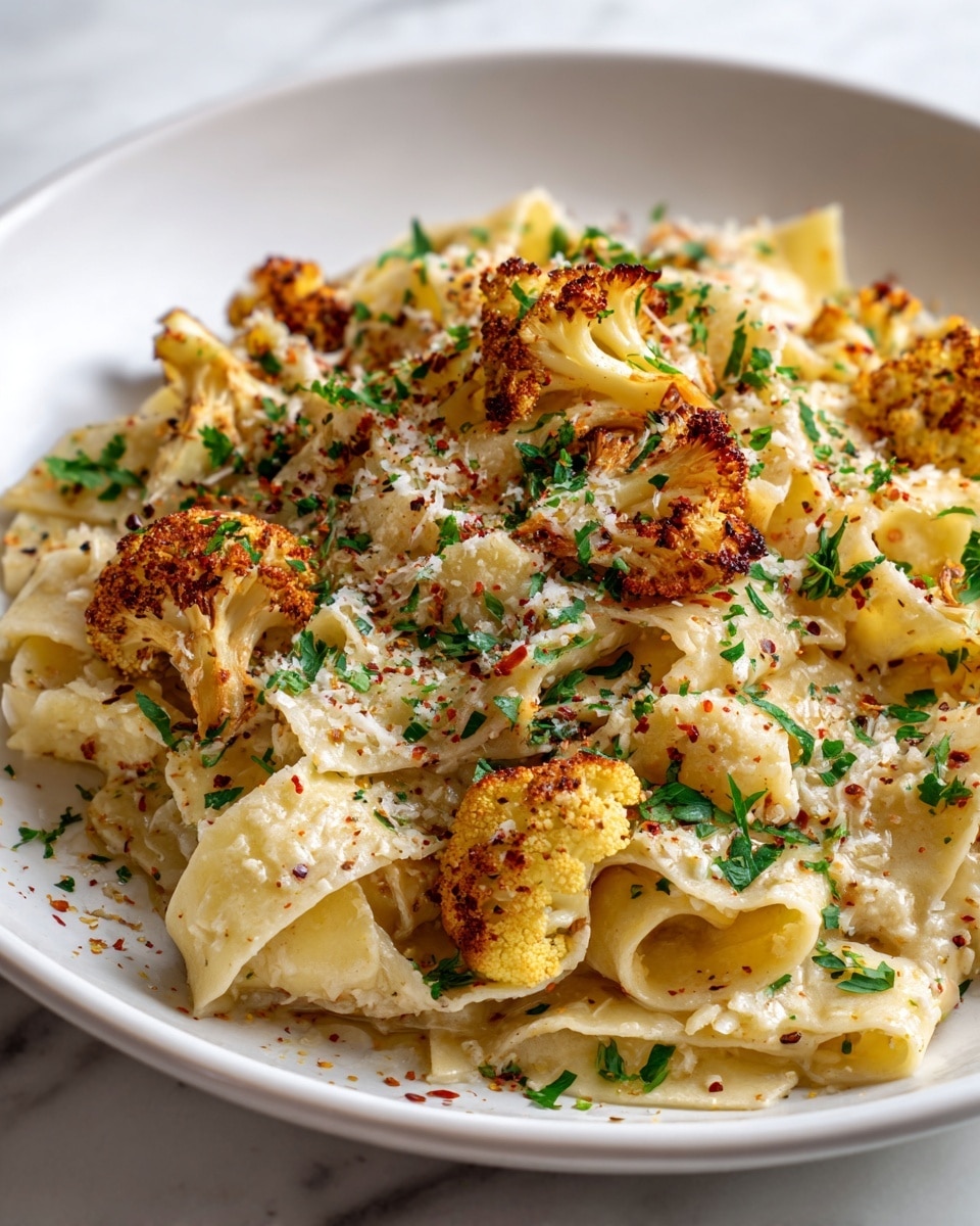 This image shows a plate of creamy tortellini pasta with a rich cheese sauce. The tortellini pasta shells are golden yellow and curved, covered fully in a smooth, thick white sauce with specks of black pepper and small bits of finely chopped red onion. Scattered on top are small pieces of golden-browned cauliflower adding a roasted texture. Fresh green parsley leaves are sprinkled over the dish for a pop of color. The pasta sits on a round white plate, and the surface beneath has a white marbled texture. photo taken with an iphone --ar 4:5 --v 7