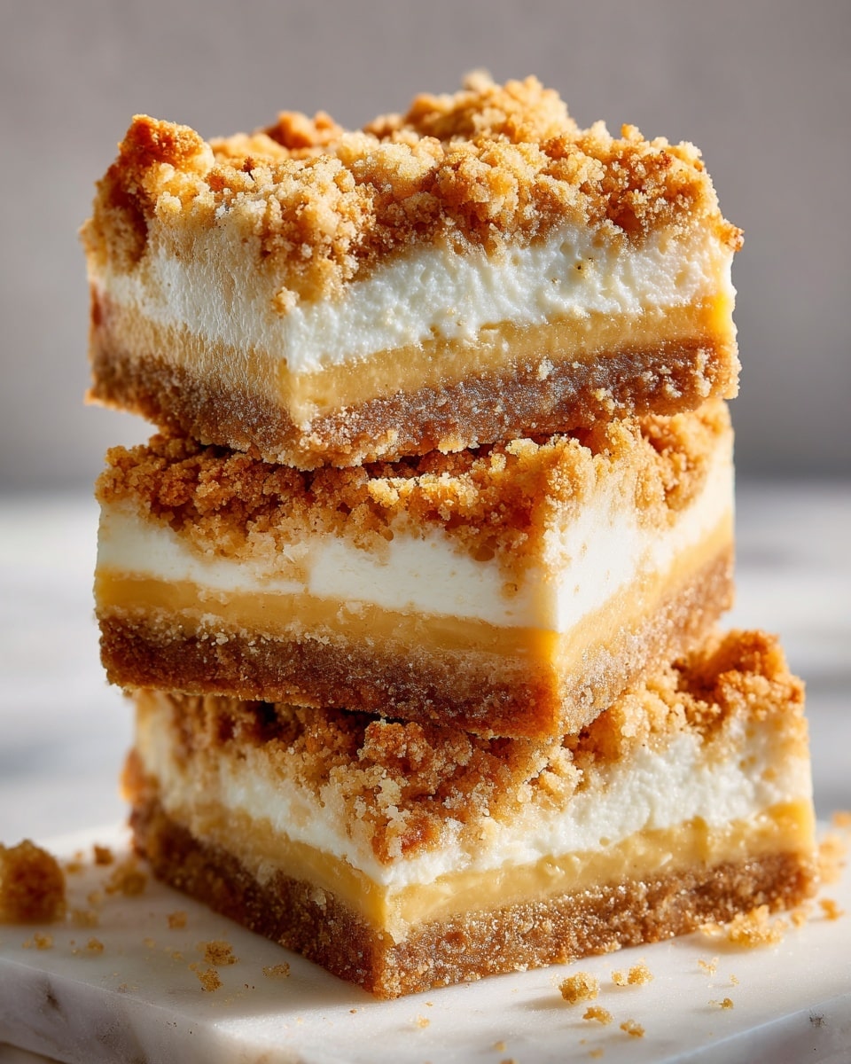 The image shows a stack of three crumb bars on a white marbled surface. Each bar has three distinct layers: the bottom layer is a pale golden crust that looks firm and slightly crumbly, the middle layer is a creamy and smooth white filling, and the top layer is a crumbly, golden-brown mixture with a rough texture. The bars are neatly stacked so you can clearly see all three layers. The lighting is bright, making the colors of each layer stand out sharply. photo taken with an iphone --ar 4:5 --v 7