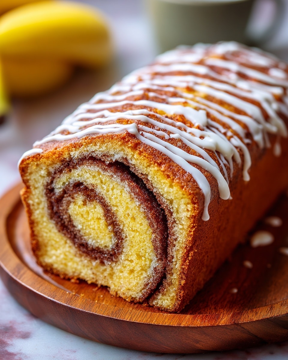 A close-up view of a cinnamon swirl loaf cake with a golden brown crust, showing a thick spiral of dark cinnamon sugar running through the soft yellow cake. The top is decorated with thin white icing drizzles gently curving along the surface. The cake sits on a round wooden board. In the blurred background, a yellow banana can be seen on a white marbled texture surface. photo taken with an iphone --ar 4:5 --v 7
