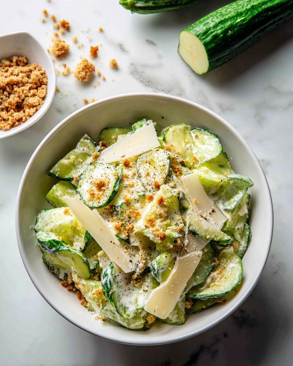 A white bowl filled with cucumber Caesar salad sits on a white marbled surface. The salad has thick slices of bright green cucumber mixed with a creamy light dressing. On top, there are thin, large shavings of pale yellow cheese scattered, along with small bits of crispy brown crumbs and black pepper, adding texture and color contrast. In the background, a small white bowl holds more crispy brown crumbs. A whole cucumber lies behind the bowl. The image has bright, natural light that highlights the freshness of the salad. Photo taken with an iphone --ar 4:5 --v 7