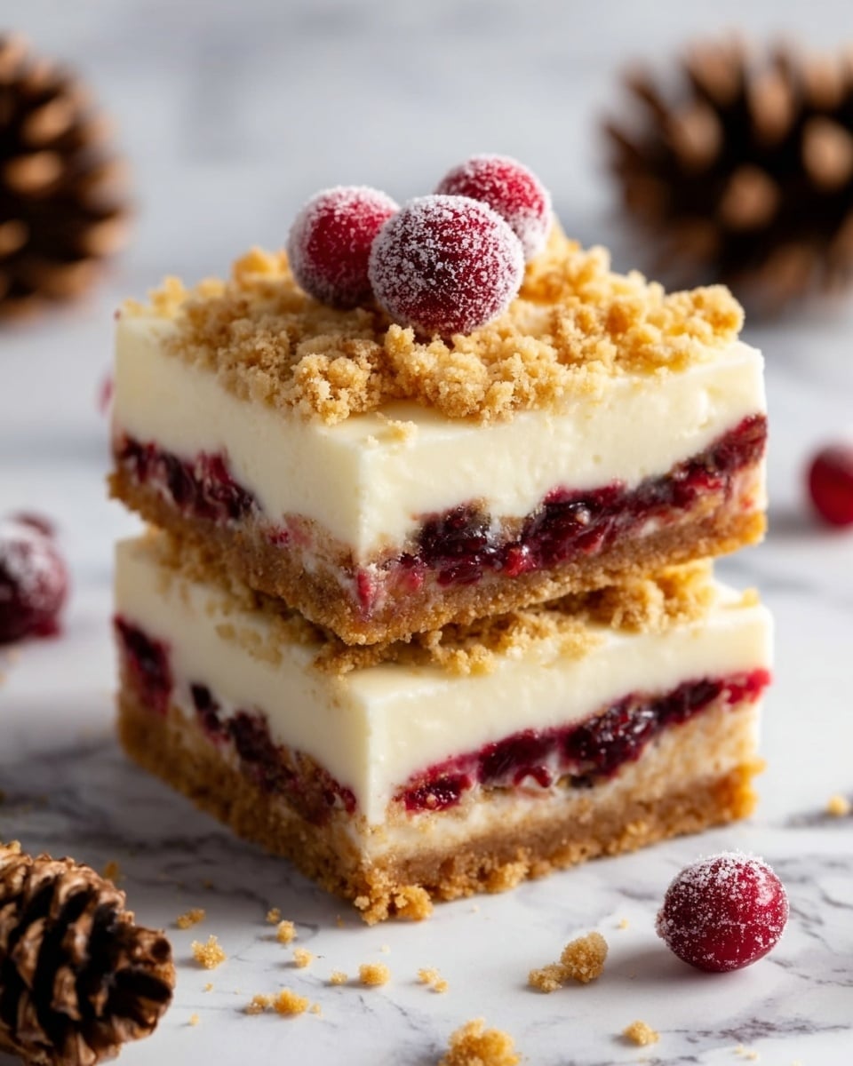 The image shows two stacked dessert bars on a white marbled surface, each bar with four clear layers: a crumbly golden-brown crust at the bottom, a thick white creamy layer above it, a dark red glossy fruit layer with pieces of cranberry in the middle, and a crumbly golden topping on top. There are three whole cranberries placed on top of the upper dessert bar, with some scattered cranberries around it on the surface. The background is blurred with pine cones and green fir branches, giving a festive feel. Photo taken with an iphone --ar 4:5 --v 7