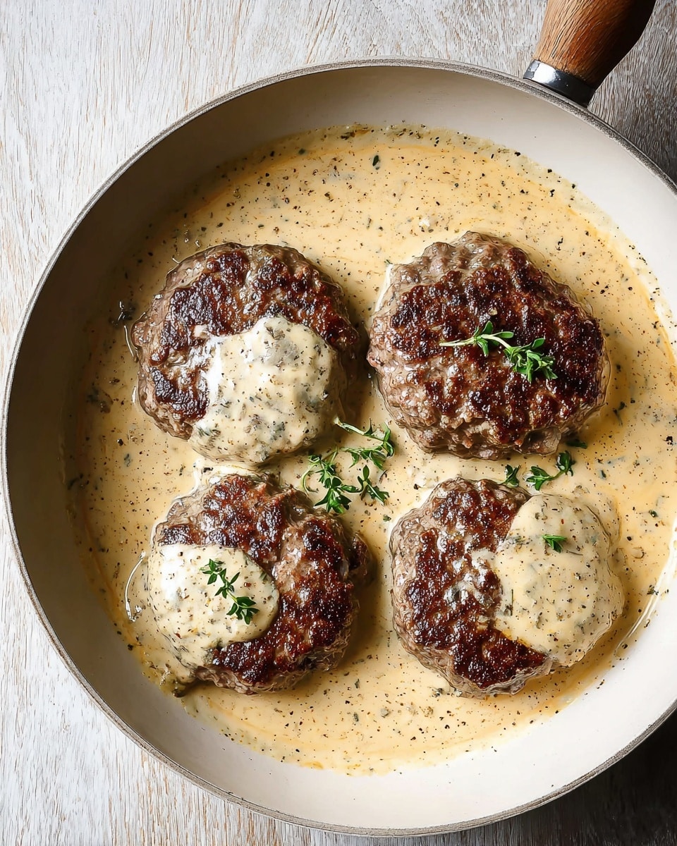 In a white pan, four browned meat patties rest in a thick creamy sauce that is light beige with specks of herbs. Some patties have small pools of the sauce over them, showing a smooth, rich texture with green herb bits scattered on top. The patties have a crispy, slightly charred texture and are garnished with small sprigs of fresh green dill. The pan's handle is visible, and the pan sits on a white marbled surface. photo taken with an iphone --ar 4:5 --v 7