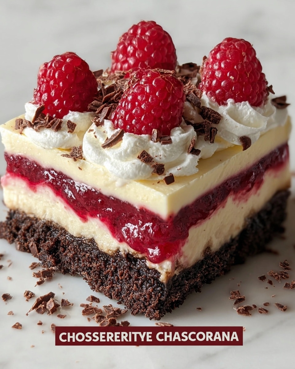 The dessert is a square slice of raspberry chocolate lasagna on a white plate with a white marbled background. It has four visible layers: the bottom layer is a dark, crumbly chocolate crust; above that is a creamy white layer, smooth and thick; the third layer is a glossy, rich raspberry sauce with a deep red color that slightly drips down the sides; the top layer is a thick, fluffy white cream sprinkled with small dark chocolate shavings, and fresh, bright red raspberries neatly arranged on top. Photo taken with an iphone --ar 4:5 --v 7
