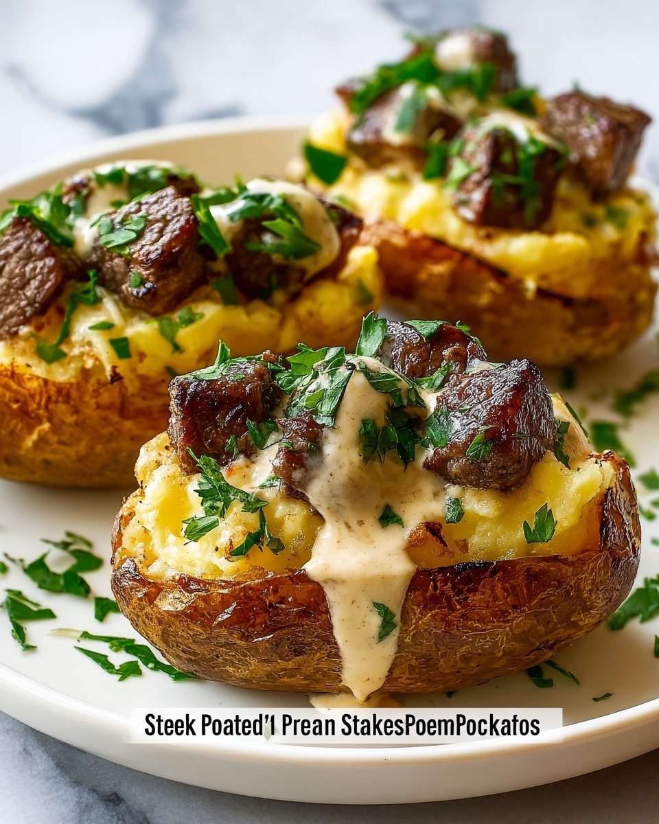 Three baked potato halves with crispy, golden-brown skin sit on a white plate over a white marbled surface. Each potato half is filled with a soft, yellow, mashed potato layer that looks slightly chunky. On top of this is a layer of small, dark brown steak cubes with a seared, slightly charred texture. Creamy, light beige parmesan sauce is drizzled richly over the steak and potato layers, pooling slightly on the sides. Fresh green parsley is chopped and sprinkled generously over the sauce and potatoes, adding a bright contrast. The photo taken with an iphone --ar 4:5 --v 7