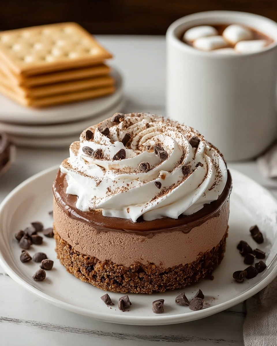 A small round chocolate mousse cake sits on a white plate over a white marbled surface. The cake has three layers: a crumbly brown base, a thick creamy chocolate middle, and a topping of white whipped cream swirled in a spiral pattern. The whipped cream is dusted lightly with cocoa powder and scattered with small dark chocolate chips. In the background, there are two square crackers and a white mug filled with hot chocolate topped with a single marshmallow. Photo taken with an iphone --ar 4:5 --v 7