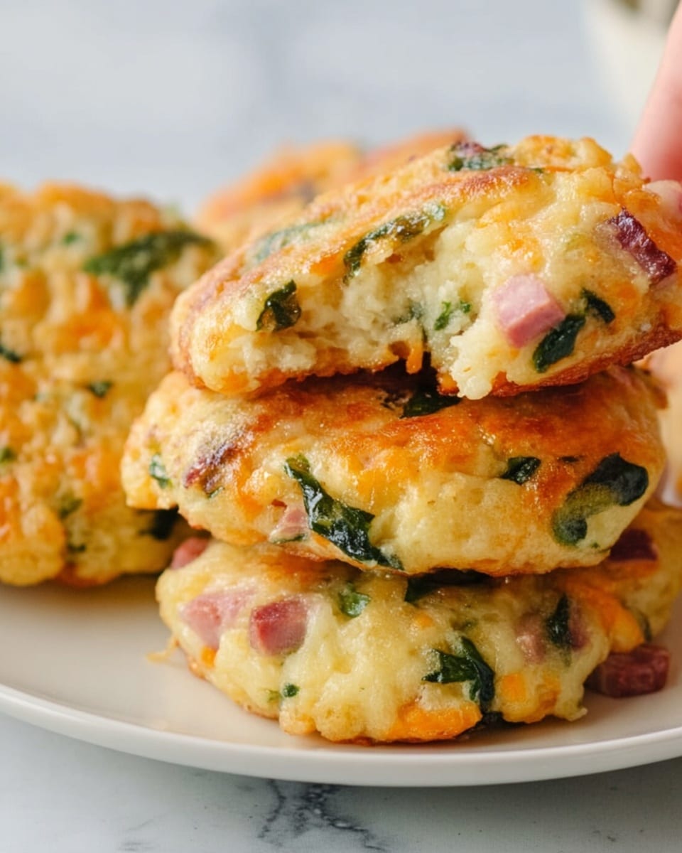 The image shows a close-up of a stack of four savory fritters on a white plate. Each fritter is golden brown with visible bits of melted orange cheese, small pink pieces of ham, and green spinach leaves mixed into the soft, fluffy batter. The fritters have a slightly uneven, homemade shape with a light crust on the outside. The plate is on a white marbled surface, and in the background, a woman's hand is reaching towards the fritters. Photo taken with an iphone --ar 4:5 --v 7