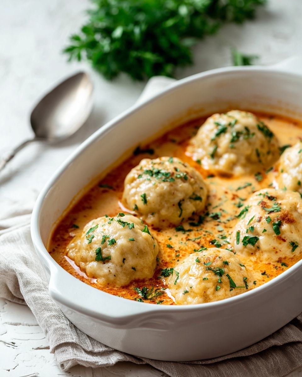 A white baking dish holds six large, round dumplings, each with a light golden color and soft texture. These dumplings sit in a rich, orange creamy sauce that partly covers their base, with flecks of green parsley sprinkled on top of both the sauce and dumplings. The dish rests on a beige cloth on a white marbled textured surface, and in the background, a blurred bunch of fresh green parsley adds a touch of color. A silver spoon lies to the left side of the baking dish. photo taken with an iphone --ar 4:5 --v 7