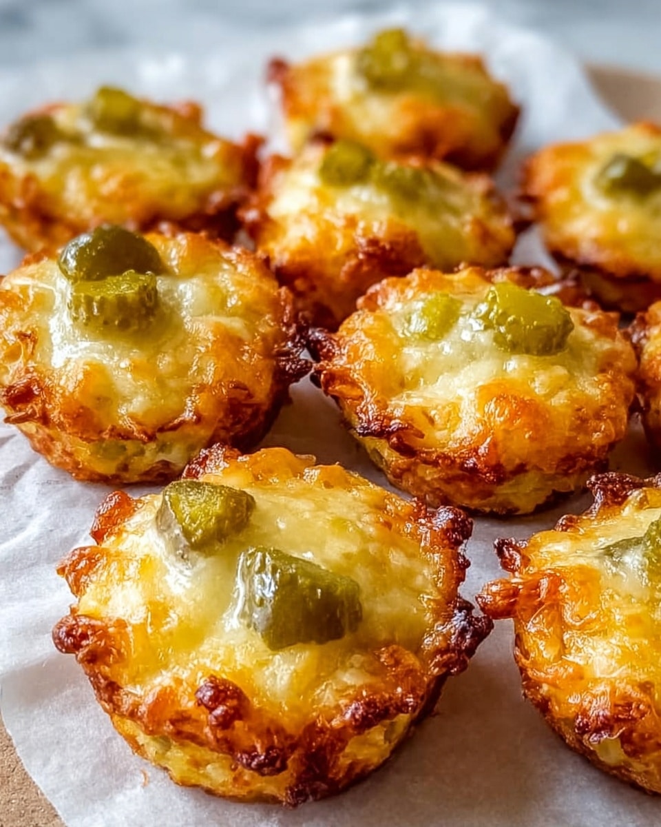 The image shows several small, round, bite-sized snacks arranged closely on a white marbled surface. Each snack has a crispy, golden-brown edge that looks crunchy and textured, while the center is creamy and pale yellow with melted cheese filling. Small green pickle pieces are scattered unevenly on top of each snack, adding color contrast and a fresh look. The snacks look freshly baked with a slightly oily shine on the surface, and some herbs are visible sprinkled on top, adding detail to the texture. photo taken with an iphone --ar 4:5 --v 7