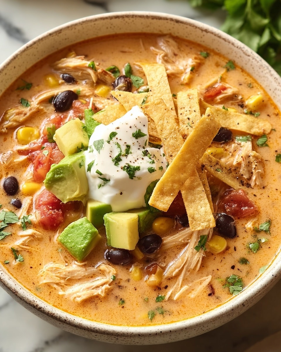 A bowl filled with a creamy light orange soup base that has shredded chicken, black beans, corn kernels, and diced red tomatoes mixed throughout. On top, there are chunked green avocado pieces arranged near the center, with crispy golden tortilla strips stacked over them. A dollop of white sour cream is placed on the golden strips, sprinkled with small green herb bits and a little black pepper. The bowl is white with a speckled outer edge, set on a white marbled surface. Photo taken with an iphone --ar 4:5 --v 7