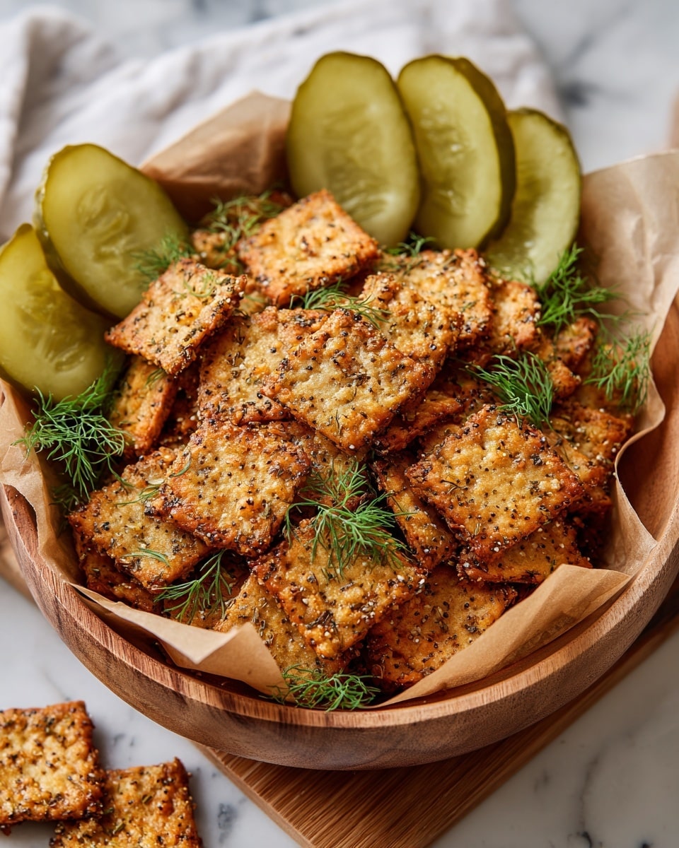 A wooden bowl lined with light brown parchment paper holds a pile of small, square, golden-brown crackers speckled with herbs and seeds, giving them a crunchy texture. The crackers are garnished with fresh dill sprigs adding a touch of green throughout the pile. Around the top edge of the bowl, several thin green pickle slices with a glossy look lean against the crackers. The bowl sits on a white marbled surface with a light wooden board partially visible. A single cracker and some pickle slices with dill are placed outside the bowl at the bottom left. Photo taken with an iphone --ar 4:5 --v 7