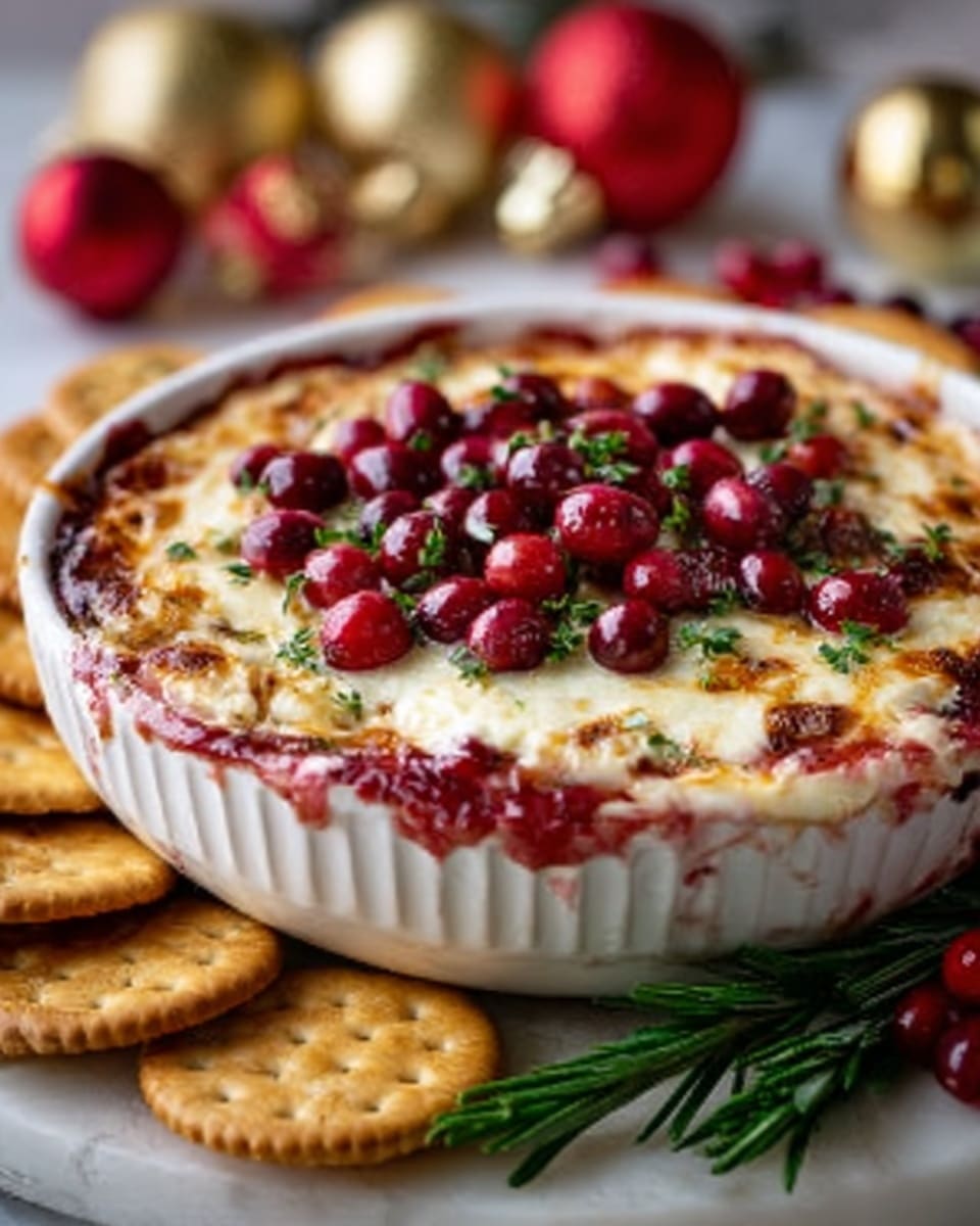 The image shows a white round bowl filled with a baked dish that has a top layer of melted cheese, golden brown in some spots, covered with whole red cranberries and small green herbs scattered on top. The dish has a thick layer of red sauce around the edges under the cheese. The bowl is surrounded by round golden crackers and some red cranberries, with a sprig of green rosemary lying next to them. The background is a white marbled surface with blurred Christmas ornaments in red and gold in the back. photo taken with an iphone --ar 4:5 --v 7