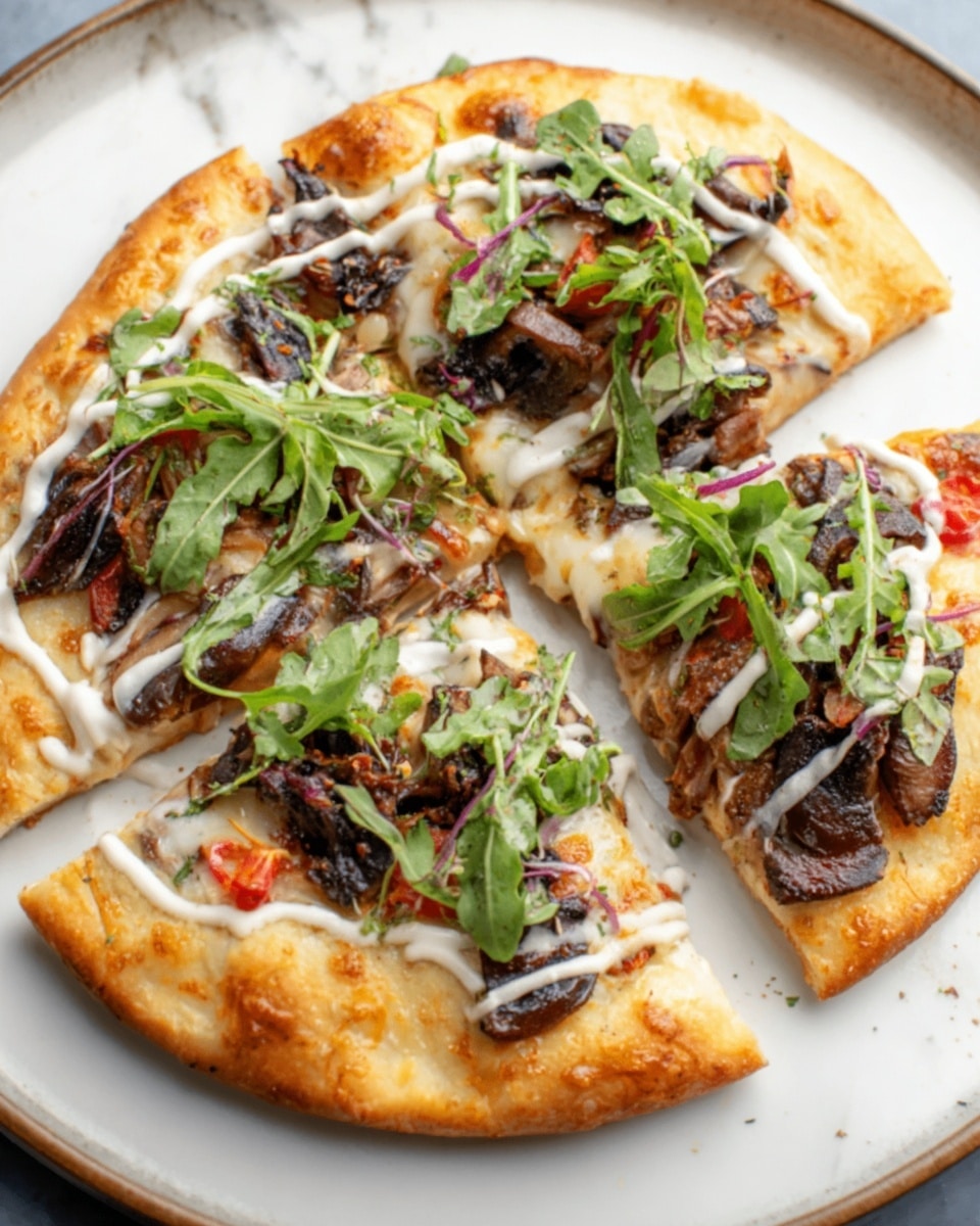 A pizza is shown on a round white plate placed on a white marbled surface. The pizza has a golden brown crust with four visible slices, one slice slightly pulled out. The first layer is melted cheese with a creamy white texture, topped with dark brown grilled mushrooms scattered evenly. Small green arugula leaves are spread on top, adding a fresh contrast. Thin white sauce drizzles create a pattern over the pizza's surface, and there are small red tomato slices peeking through. The overall look is warm and appetizing, with a nice mix of colors and textures. photo taken with an iphone --ar 4:5 --v 7