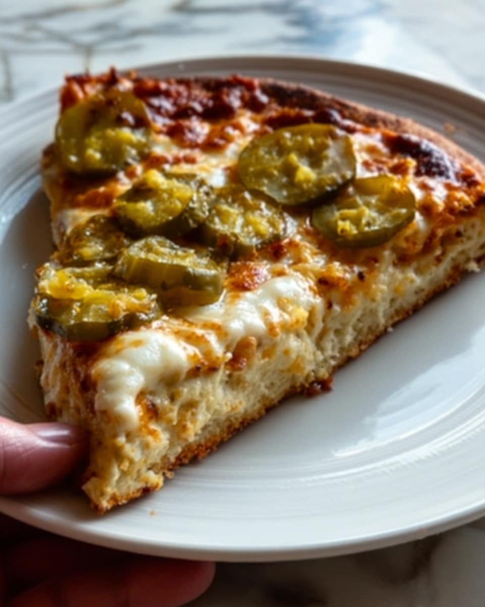A close-up image of a single pizza slice on a white plate, showing three layers: the bottom layer is a thick, golden-brown crust with a slightly crispy edge, above it is a layer of melted white cheese that looks soft and stretchy, and on the top layer are several green pickles with a shiny, moist texture scattered unevenly. The background is a white marbled surface, and a woman's hand is holding the plate on the side. photo taken with an iphone --ar 4:5 --v 7