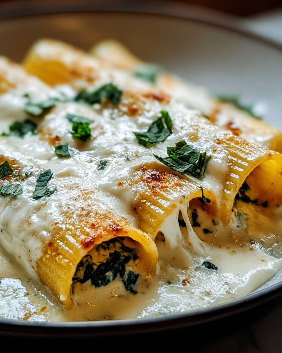 A close-up of three rolled golden-yellow pasta tubes laid side by side on a white plate, covered generously with a creamy, smooth white sauce that has slightly browned spots, indicating it was baked or broiled. Small green herb pieces are scattered on top, adding color contrast. The sauce is thick and glossy, pooling softly around the pasta edges. The image shows the texture of the pasta, its slight folds, and the melted sauce with a rich stretch. The setting is a white marbled surface softly blurred in the background. photo taken with an iphone --ar 4:5 --v 7