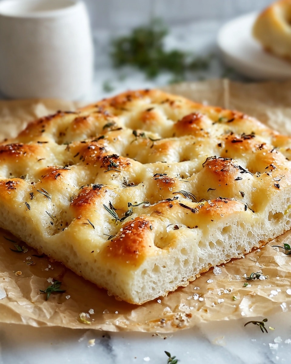 A square focaccia bread with a golden-brown top full of dimples is shown on crumpled parchment paper over a white marbled surface. The focaccia has an airy texture with some parts slightly browned and crispy, sprinkled with coarse salt, black pepper, and small green herb leaves scattered across the surface. The crust edges are a light golden color, and the inside looks soft and fluffy. In the background, there is a blurred white cup and some green herbs adding a fresh touch. Photo taken with an iphone --ar 4:5 --v 7