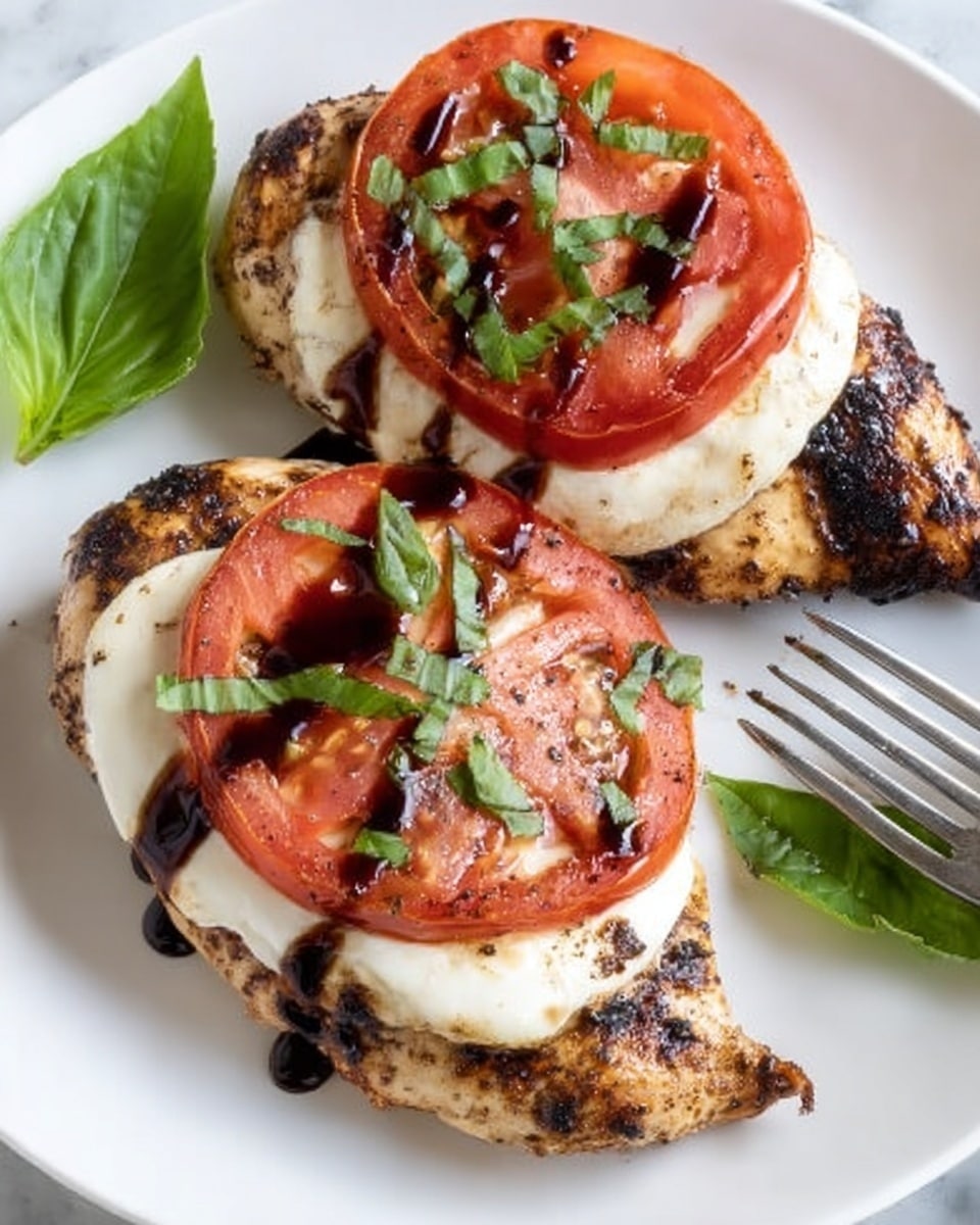 Two grilled chicken breasts lie on a white plate over a white marbled surface. Each chicken breast has a slightly charred texture with visible grill marks. On top of each piece, there is a thick layer of creamy white mozzarella cheese shaped to cover most of the chicken. A bright red, juicy tomato slice sits on the cheese, with chopped fresh green basil leaves scattered over the tomato. Dark balsamic glaze is drizzled over the tomato, cheese, and chicken, creating a shiny, sticky pattern. A green basil leaf rests near the chicken, and a silver fork with a woman’s hand holding it is partially visible on the right side. Photo taken with an iphone --ar 4:5 --v 7