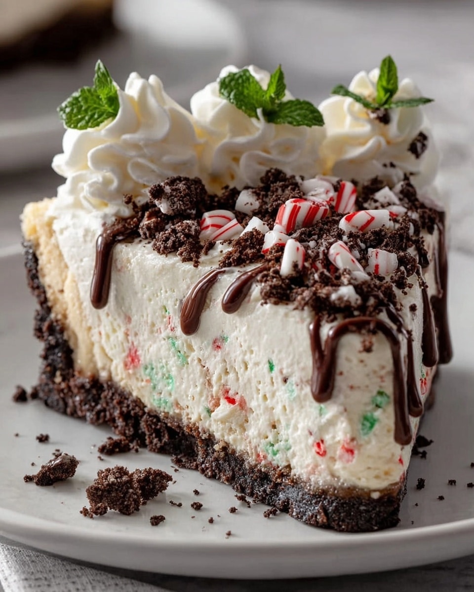 A slice of creamy cheesecake is shown on a white plate, resting on a white marbled surface. The cheesecake has three main layers: a thick, dark chocolate cookie crust at the bottom, a thick white cream cheese filling with small bits of red and green mixed in the middle, and a white whipped cream topping with swirls placed on the top edges. The top is decorated with crumbled chocolate cookies, crushed red-and-white candy cane pieces, dark chocolate drizzle flowing down the sides, and small green mint leaves placed on the whipped cream swirls. Photo taken with an iphone --ar 4:5 --v 7