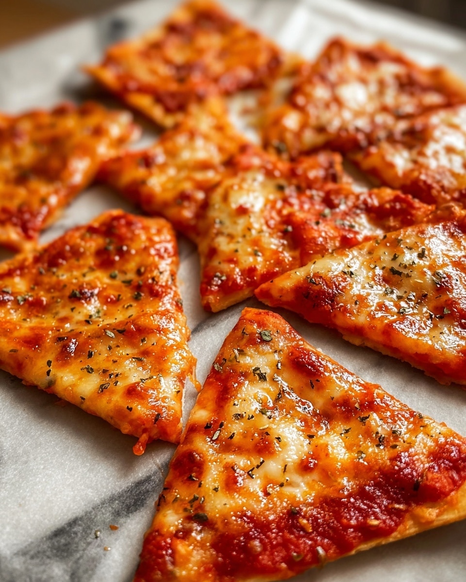 The image shows several small triangular pizza slices laid out on parchment paper over a white marbled surface. Each slice has a thin, crispy crust visible on the edges, topped with a bright red tomato sauce layer that peeks out from under a melted, golden-brown cheese layer sprinkled lightly with black pepper and herbs. The cheese looks bubbly and slightly oily, adding a shiny texture to the top. The slices are arranged close together, filling most of the frame with some parts blurred in the back to highlight the front ones. Photo taken with an iphone --ar 4:5 --v 7