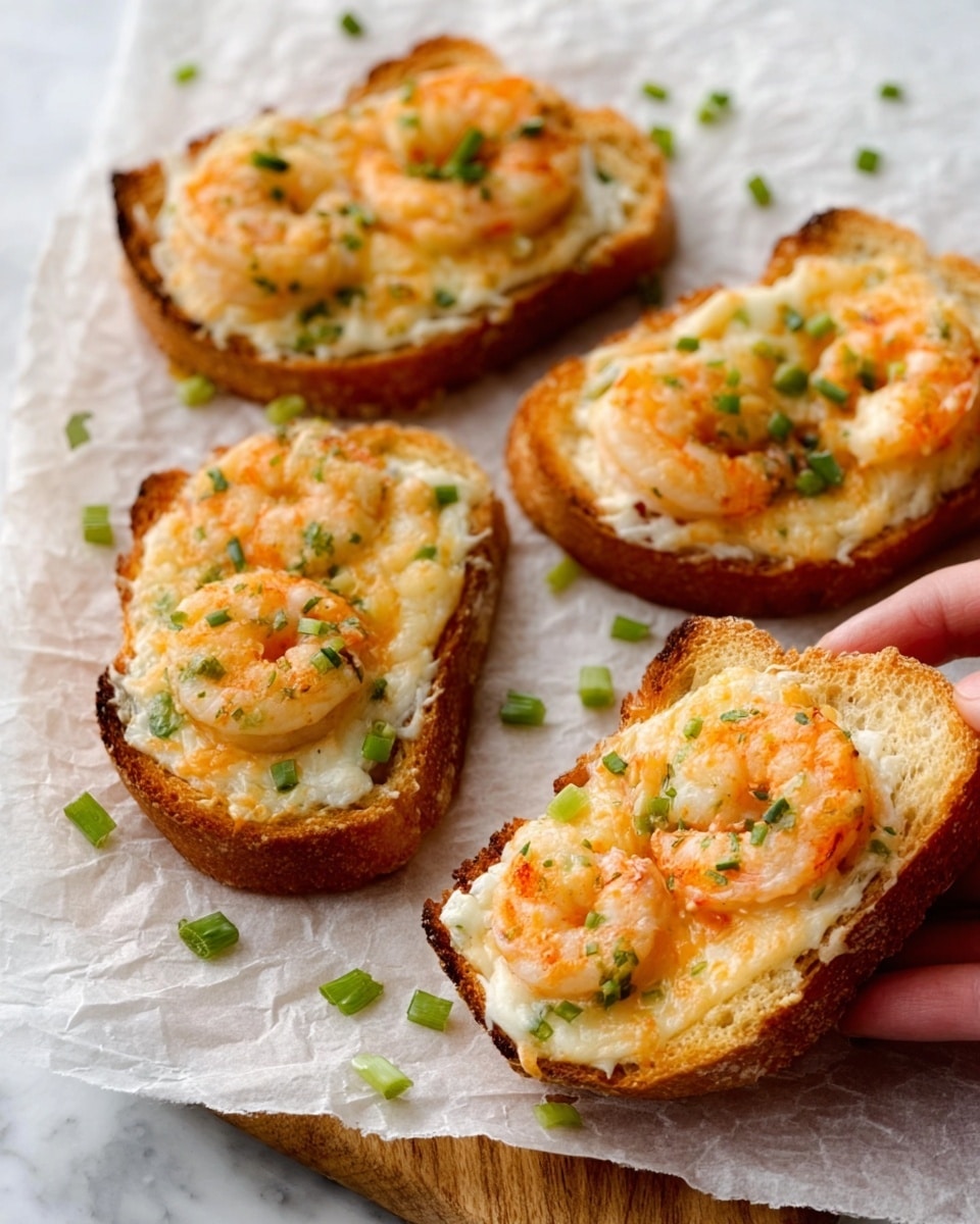 The image shows four pieces of toasted bread topped with three layers: a base layer of creamy white sauce, a middle layer of melted golden cheese, and a top layer of grilled shrimp that are orange-pink with some charred spots, garnished with chopped fresh green onions scattered on and around the bread. The toasted bread has a light golden crust with a soft inside, placed on crumpled parchment paper over a wooden board, all set against a white marbled texture. The scene is bright and close-up to highlight the textures and colors of the shrimp and bread. photo taken with an iphone --ar 4:5 --v 7