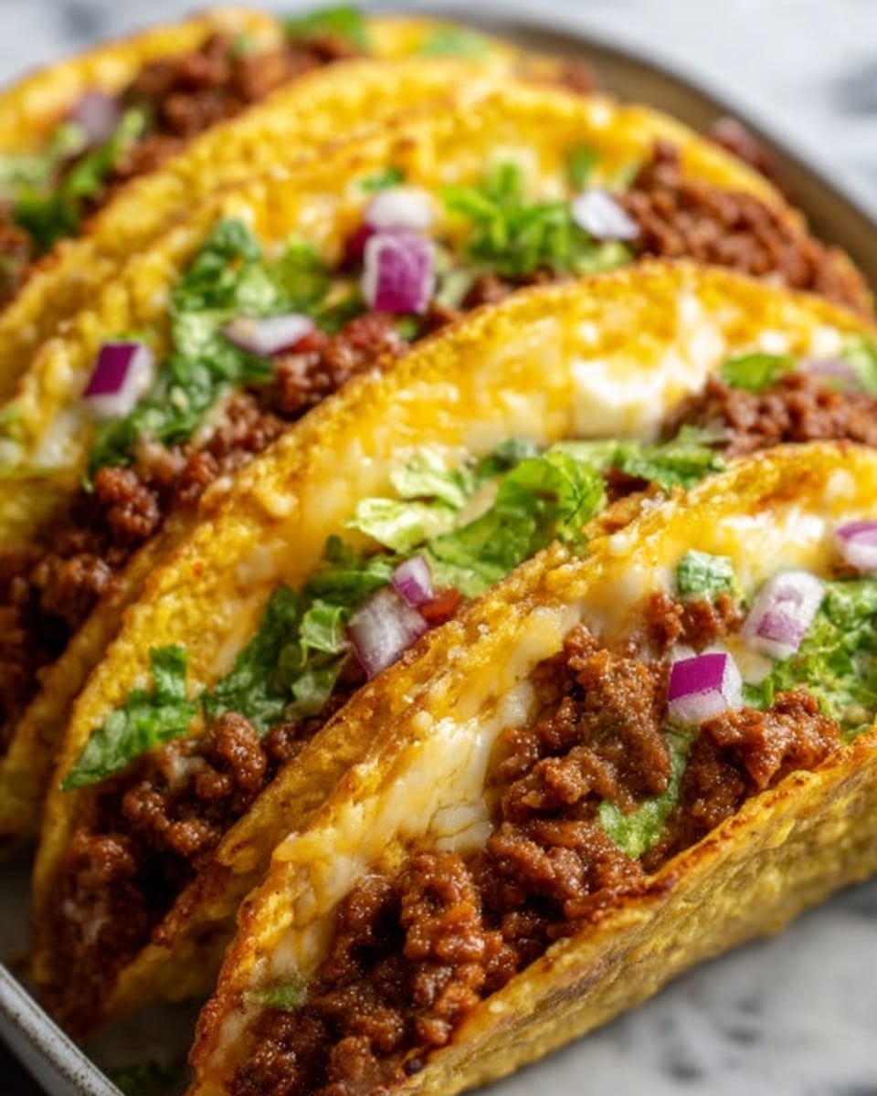 The image shows a close-up of three tacos on a white plate, each taco with a crispy yellow shell filled generously. The bottom layer inside the shell is a rich, browned ground beef mixture, followed by a layer of melted yellow cheese. On top of the cheese, there are small bits of bright green lettuce and finely chopped red onions. The tacos are arranged side by side, slightly overlapping, with a white marbled surface in the background. Photo taken with an iphone --ar 4:5 --v 7