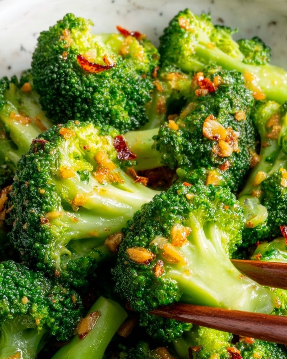 The image shows close-up bright green broccoli florets with small bits of crispy golden brown garlic and tiny reddish-brown pieces scattered on top. The broccoli looks fresh and shiny with a light coating of oil or sauce that makes it glisten. Wooden chopsticks appear on the right side, holding one floret. The background is a white marbled texture. The photo taken with an iphone --ar 4:5 --v 7