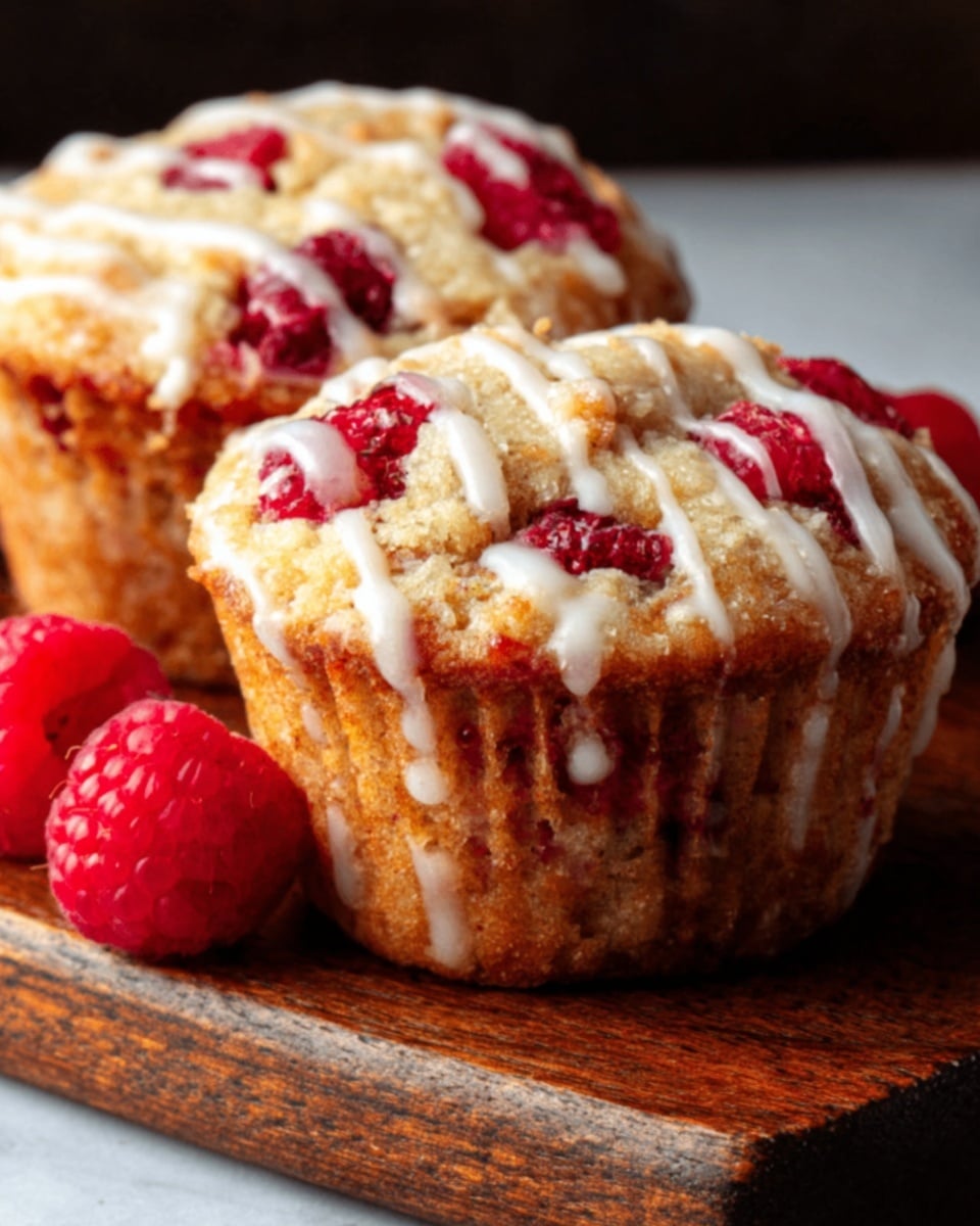 Two golden brown muffins sit on a wooden board placed on a white marbled surface, each muffin topped with pieces of bright red raspberries and drizzled with white icing creating a textured, slightly glossy layer on top. The muffins have a slightly rough, crumbly texture, and a few whole raspberries rest beside them, adding a fresh splash of color and contrast. The lighting highlights the moistness of the muffin tops and the shiny icing drizzle, capturing a cozy, homemade feel. photo taken with an iphone --ar 4:5 --v 7