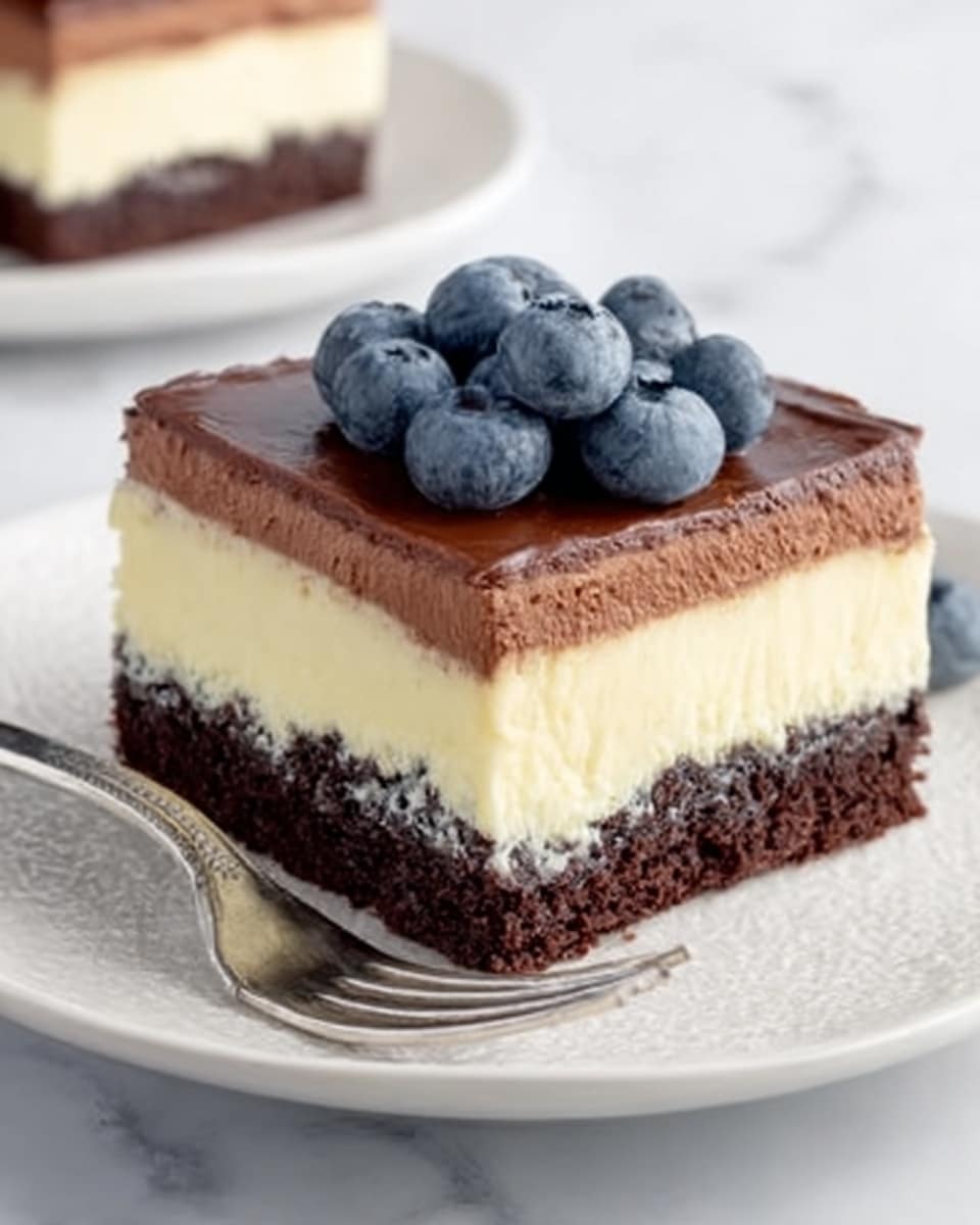 The image shows a square piece of dessert with three layers on a white plate. The bottom layer is dark brown and looks like soft chocolate cake. The middle layer is thick, creamy, and yellowish-white, smooth in texture. The top layer is a shiny, rich brown chocolate spread, with a small pile of fresh blueberries placed in the center. A silver fork rests on the left side of the plate. The background is a white marbled surface. Photo taken with an iphone --ar 4:5 --v 7