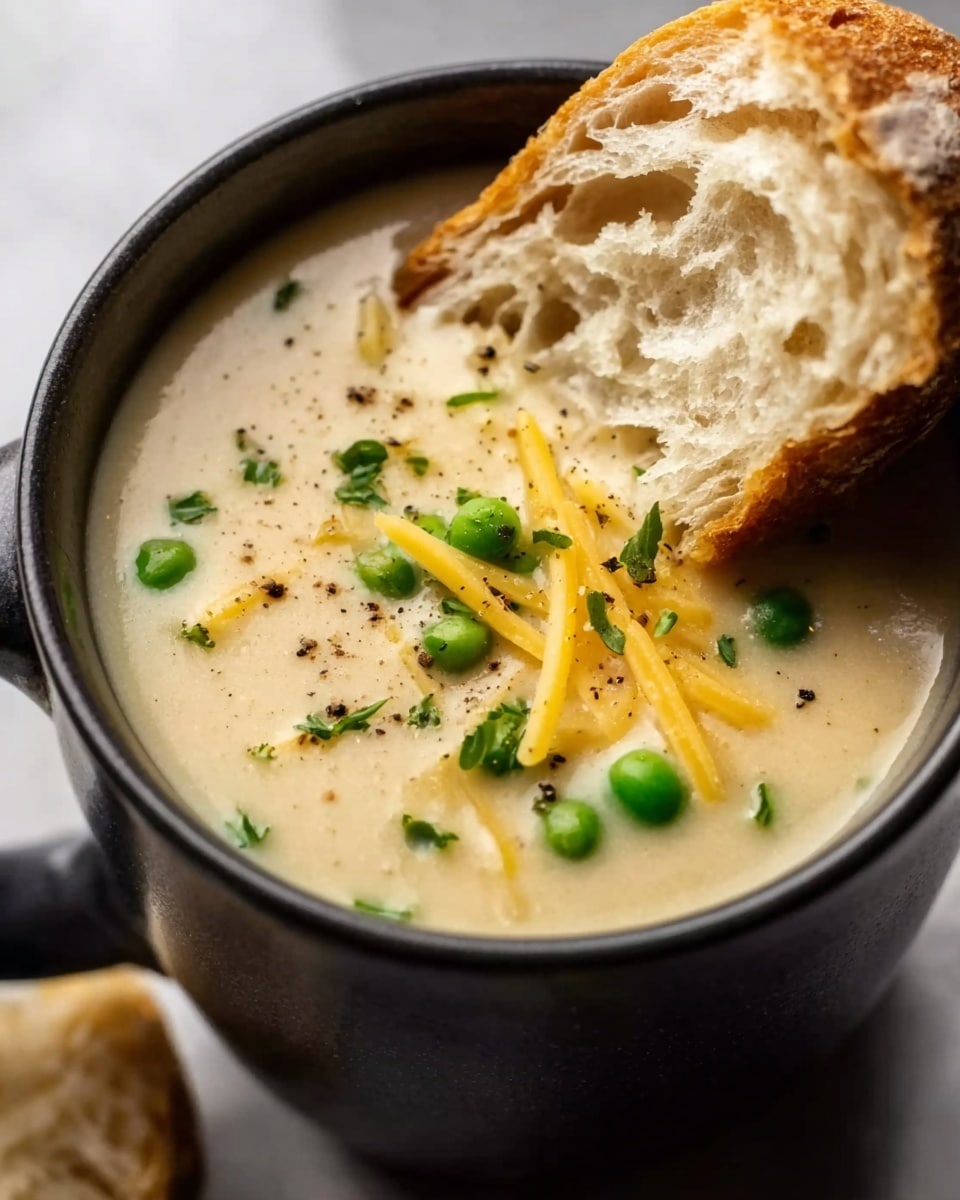 A close-up view of a black mug filled with creamy soup, light beige in color, topped with small bright green peas and thin strips of yellow cheese, along with a sprinkle of black pepper and herbs. A piece of crusty light brown bread is dipped into the soup from the right side, showing its soft and airy inside texture. The mug is set on a white marbled surface, and the overall look is warm and comforting. Photo taken with an iphone --ar 4:5 --v 7