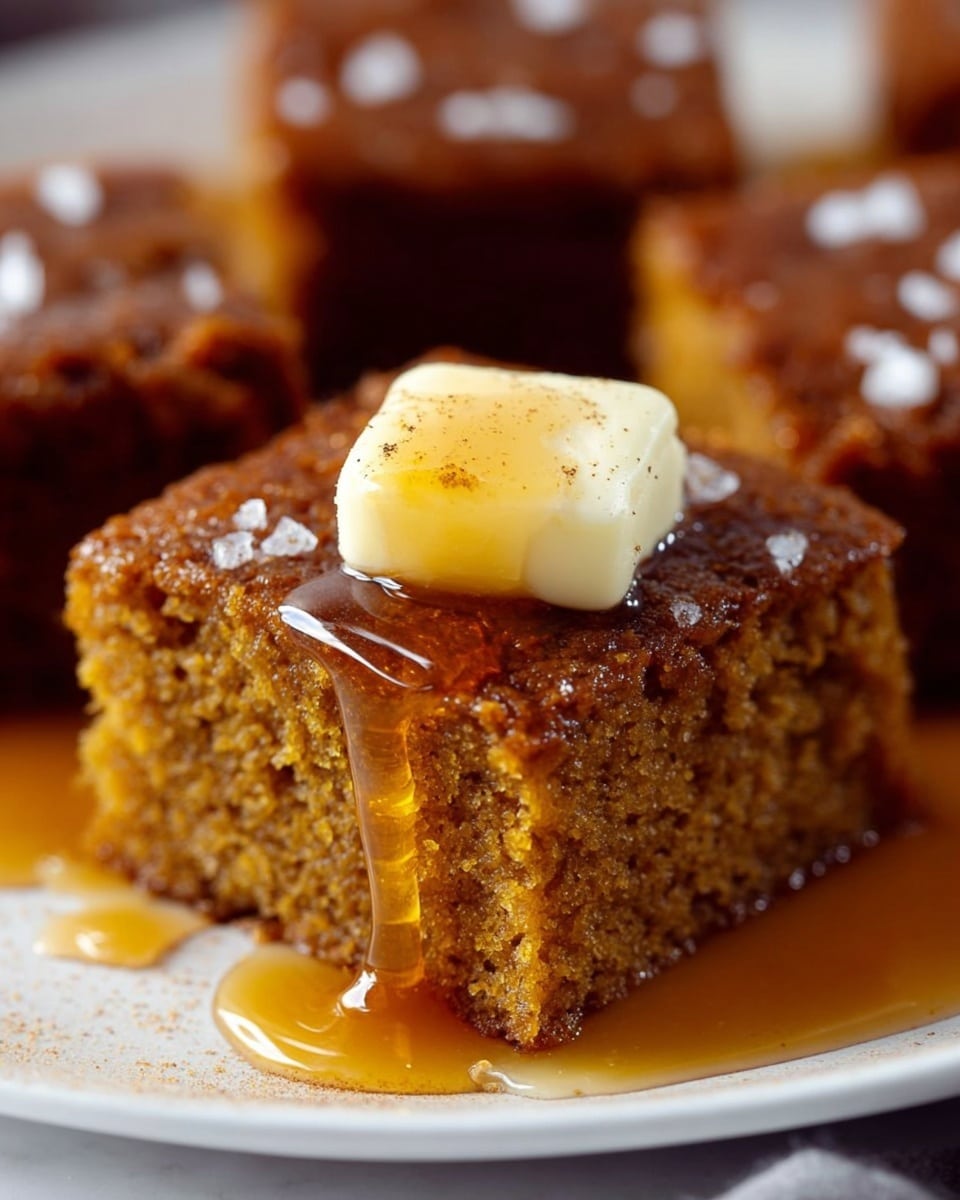 A close-up of a single square piece of moist brown cake with a coarse crumb texture, topped with a shiny amber syrup that drips down the sides, crowned by a small pat of pale yellow butter sprinkled with a light dusting of cinnamon and some flakes of white salt. More pieces of the same cake are visible blurred in the background, all placed on a white plate over a white marbled surface. photo taken with an iphone --ar 4:5 --v 7