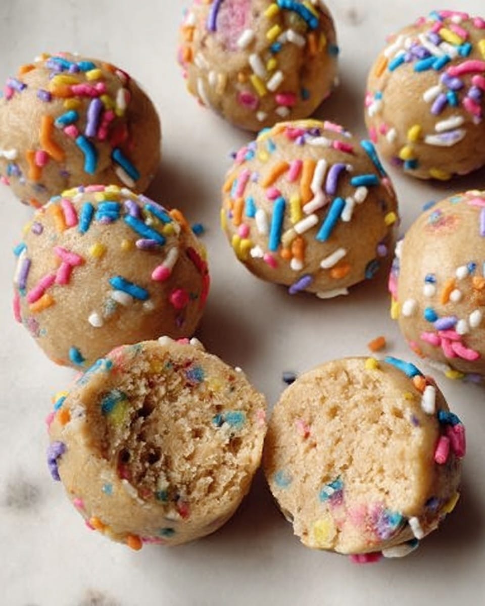 The image shows several round dough balls on a white marbled surface, some plain and some coated in colorful rainbow sprinkles. One dough ball appears partially eaten, showing a soft, chewy inside with bits of mix-ins that look like tiny candy pieces. The dough’s color is light brown with a smooth texture, while the sprinkles add a bright contrast with their pastel pink, blue, yellow, orange, purple, and white colors. The balls are close together, creating a cozy, inviting look. Photo taken with an iphone --ar 4:5 --v 7