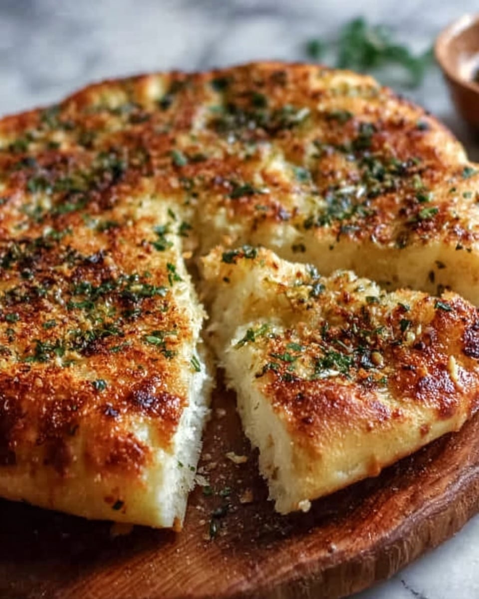 A thick, round flatbread with a golden brown, crispy top sprinkled with green herbs and small browned spots, showing a soft, fluffy white inside where a wedge is cut out. The flatbread is placed on a rustic wooden board with a blurred white marbled background. Photo taken with an iphone --ar 4:5 --v 7