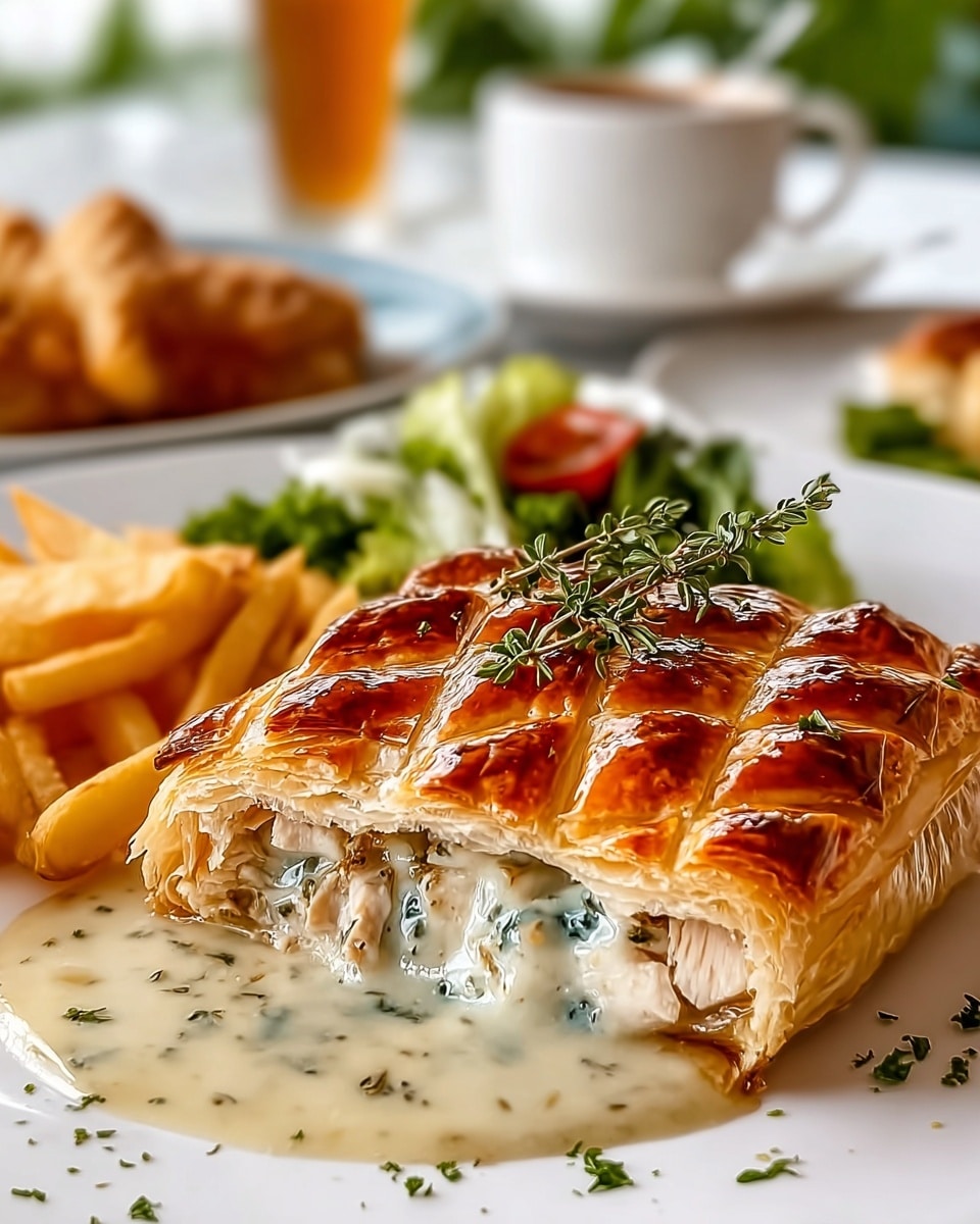 A close-up of a golden brown puff pastry square with a lattice pattern on top, sprinkled with small green herbs, resting in the middle of a white plate on a white marbled surface. Inside the pastry, visible from a cut in the front, there is a thick creamy sauce with herbs and pieces of white cooked chicken. On top of the pastry, there is a small bunch of fresh thyme sprigs. In the blurred background, there are some fries and salad in another white plate, with a cup of brown sauce. photo taken with an iphone --ar 4:5 --v 7
