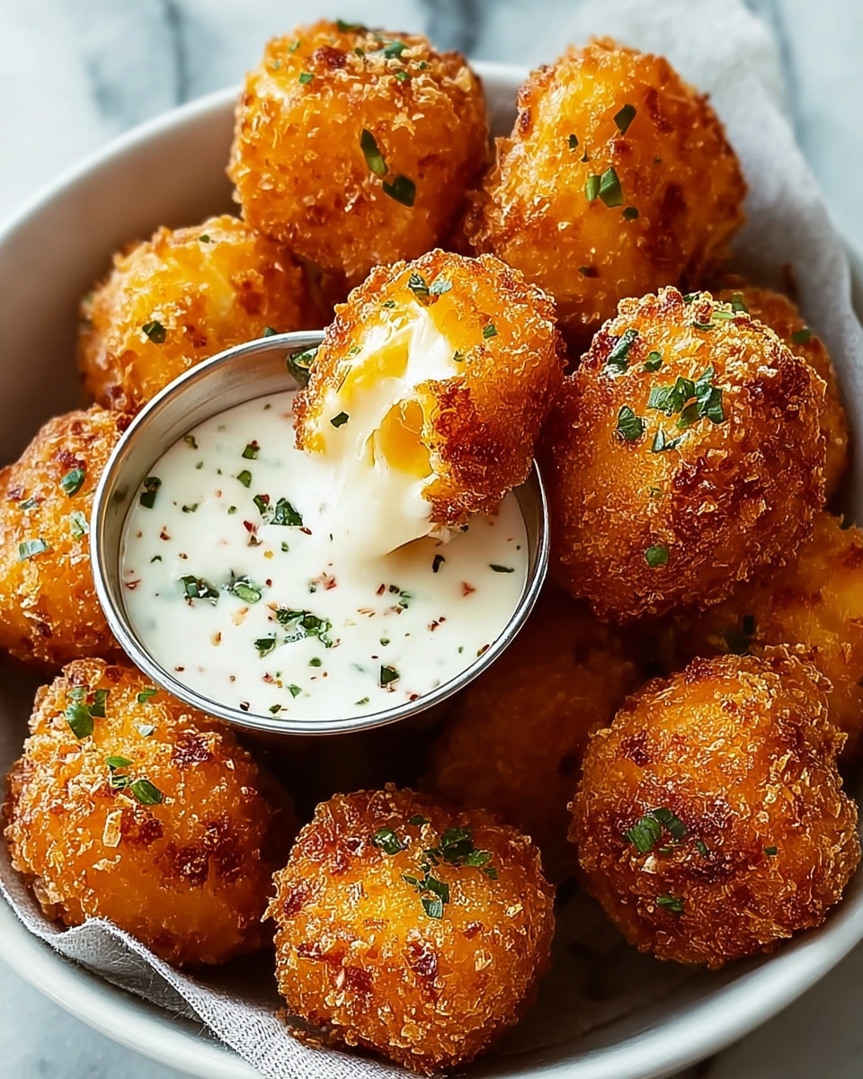 A white bowl filled with several golden brown, crispy fried cheese bites topped with small green herb pieces. One cheese bite is partially dipped in a creamy white sauce with red and green flecks, contained in a small round metal cup placed centrally in the bowl. The cheese bites have a textured, crunchy coating and some melted cheese visible. The bowl rests on a white marbled surface. photo taken with an iphone --ar 4:5 --v 7