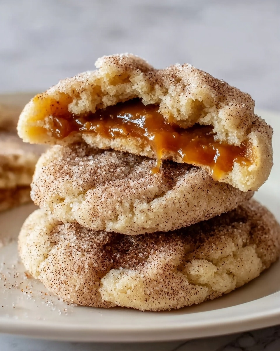 The image shows a stack of three soft cookies on a white plate, each cookie covered with a light layer of cinnamon sugar that gives a speckled brown and white look. The top cookie is broken in half, revealing a thick, gooey caramel filling inside that is a warm amber color and looks smooth and shiny. The cookies have a pale, slightly crumbly texture, with slight cragginess on the edges. The background is a white marbled surface, giving a clean and bright look. photo taken with an iphone --ar 4:5 --v 7