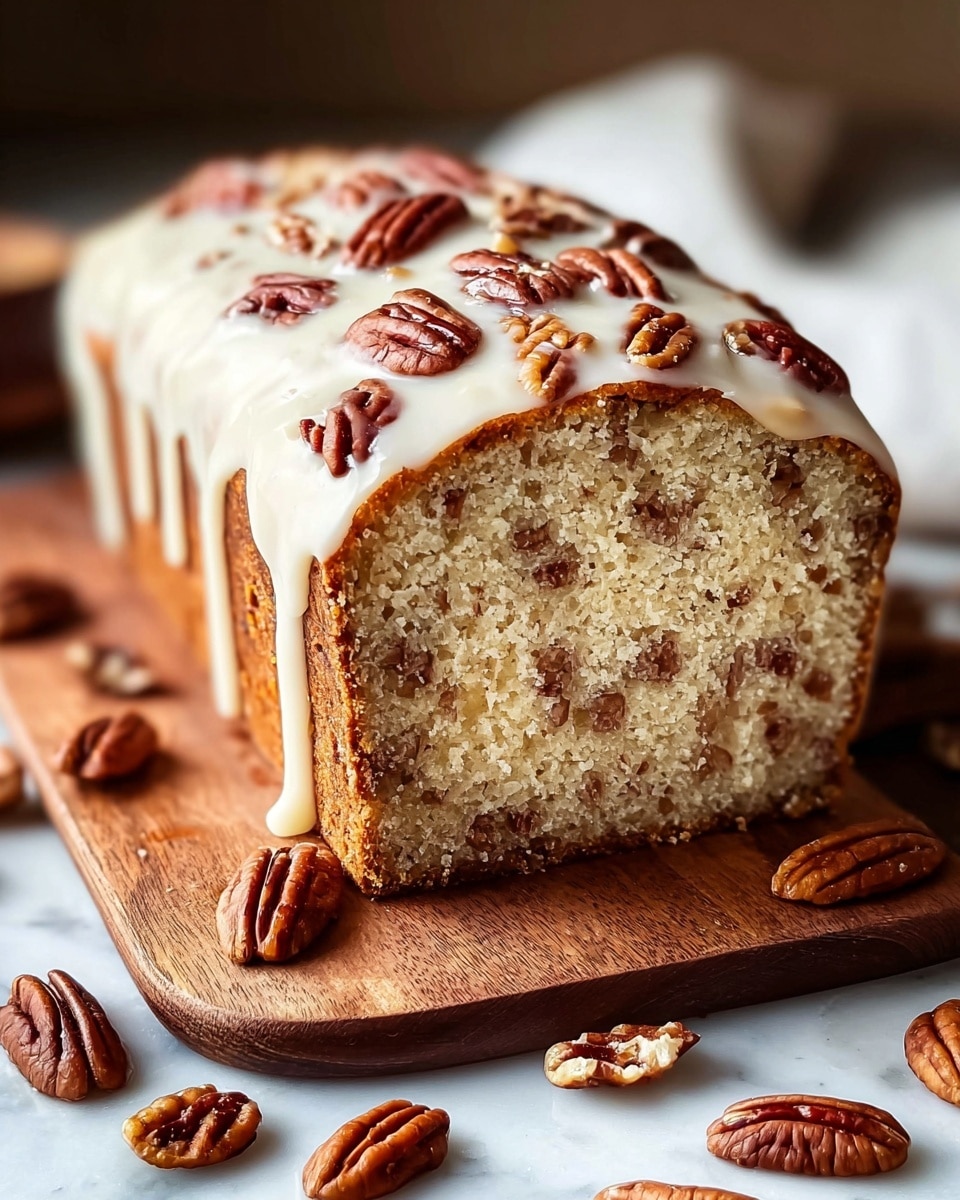 A loaf cake with one visible thick layer of light, moist crumb mixed with small brown bits evenly spread inside. The top layer is a smooth white glaze that drips slightly down the sides, covered with whole and chopped brown pecan nuts scattered over it. The cake sits on a wooden board, with more pecans lying around it on a white marbled surface. The background is softly blurred, keeping the focus on the cake. photo taken with an iphone --ar 4:5 --v 7
