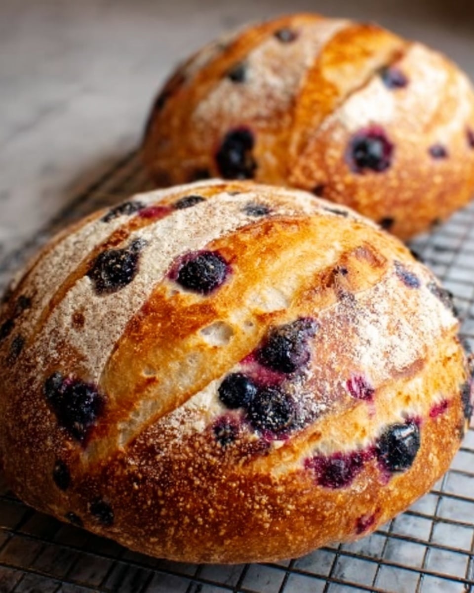 A close-up image of two round artisan loaves of bread resting on a wire rack. The bread has a golden-brown crust with a dusting of flour, and one loaf is filled with visible dark blue berries embedded in the crust. The crust shows deep cuts on top, revealing the soft, airy texture inside. The background is a white marbled texture, highlighting the warm tones of the bread. Photo taken with an iphone --ar 4:5 --v 7