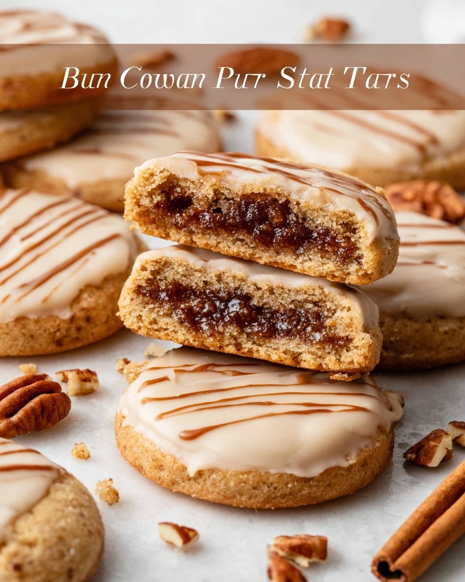 A close-up view of several round brown sugar pop tart cookies stacked and spread out on a white marbled surface, each cookie having two layers: a thick, golden-brown soft cookie base with a visible dark brown, gooey sugar filling layer inside, topped with a smooth light beige glaze that has a hint of cinnamon specks and thin brown lines drizzled on top. Some cookies are whole while others are broken in half to show the sticky filling inside. Scattered around the cookies are small pieces of pecans and a cinnamon stick adding a rustic touch to the scene. photo taken with an iphone --ar 4:5 --v 7