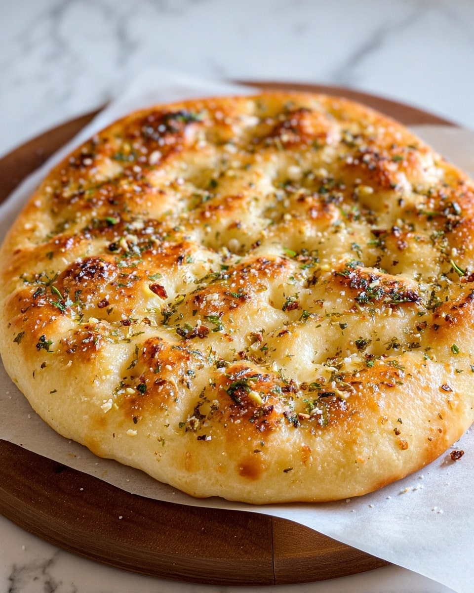 The image shows a round focaccia bread with a golden, slightly crispy top layer that is speckled with finely chopped green herbs and small bits of toasted garlic. The bread's surface is uneven with soft, fluffy dimples throughout. The crust is light golden brown with some darker toasted spots, and a sprinkling of coarse salt crystals is visible on top. The focaccia rests on white parchment paper, which is placed on a round wooden board over a white marbled surface. Photo taken with an iphone --ar 4:5 --v 7