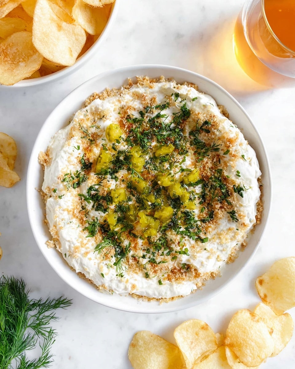 A white bowl filled with a three-layer dip, the bottom layer is creamy white with a thick texture. The middle layer is lightly sprinkled with finely crushed light brown crumbs, adding a grainy texture. The top layer has small yellow-green pickle pieces scattered mostly in the center, along with finely chopped dark green herbs spread evenly over the surface. The bowl is placed on a white marbled surface with a small cluster of pale yellow potato chips near it. In the upper left corner, there is a white bowl filled with more potato chips, and in the upper right, a glass with a pale amber beverage is partially visible. A small sprig of fresh green dill is near the bottom left corner of the image. Photo taken with an iphone --ar 4:5 --v 7