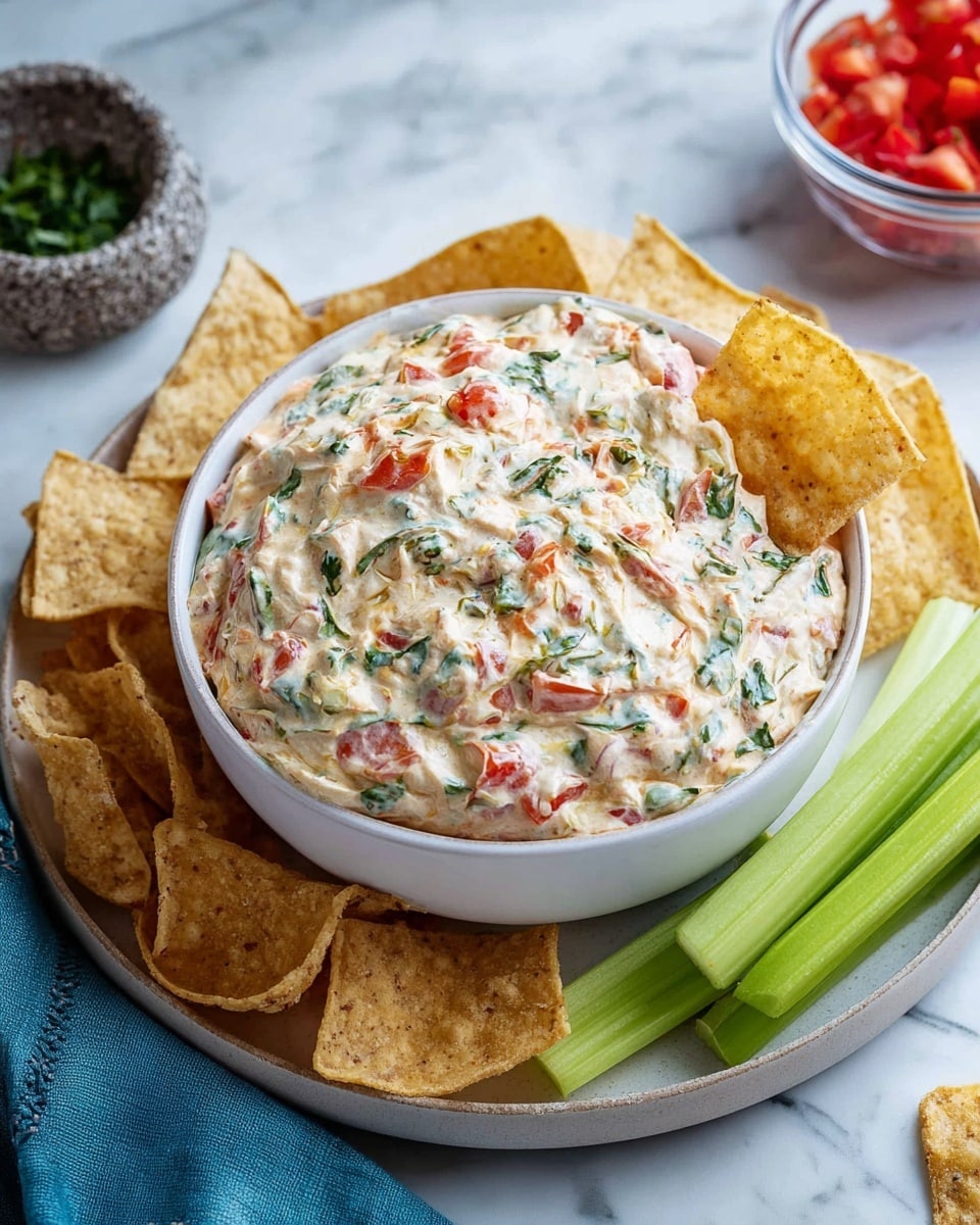 A white bowl filled with a creamy dip that has visible small chunks of red tomatoes and green herbs mixed throughout, giving it a textured look with white, red, and green colors evenly spread. The bowl is placed on a round white plate with several golden-brown tortilla chips arranged along one side and three green celery sticks placed on the other side. The background is a white marbled surface, with a small glass bowl of chopped red tomatoes and a small stone bowl of green herbs partially visible. A blue cloth napkin is draped near the bottom left corner. Photo taken with an iphone --ar 4:5 --v 7